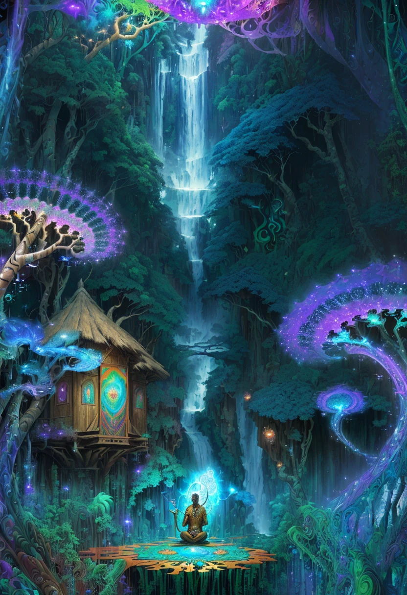 ((best quality)), ((masterpiece)), ((ultra realistic)), ((surrealism style)), beautiful intricately detailed soft oil painting of a male shaman performing a ritual in a rain-forest hut, portrait of 1man sitting in meditation, (colorful magical energy flowing through the air, repeating fractal patterns, trippy:1.5), (rickety wooden building:1.1), wearing intricately detailed primitive tribal garb, bone jewelry, (by a vast water fall in the dense jungle:1.3), ((wildlife everywhere)), god rays,  diffuse lighting,