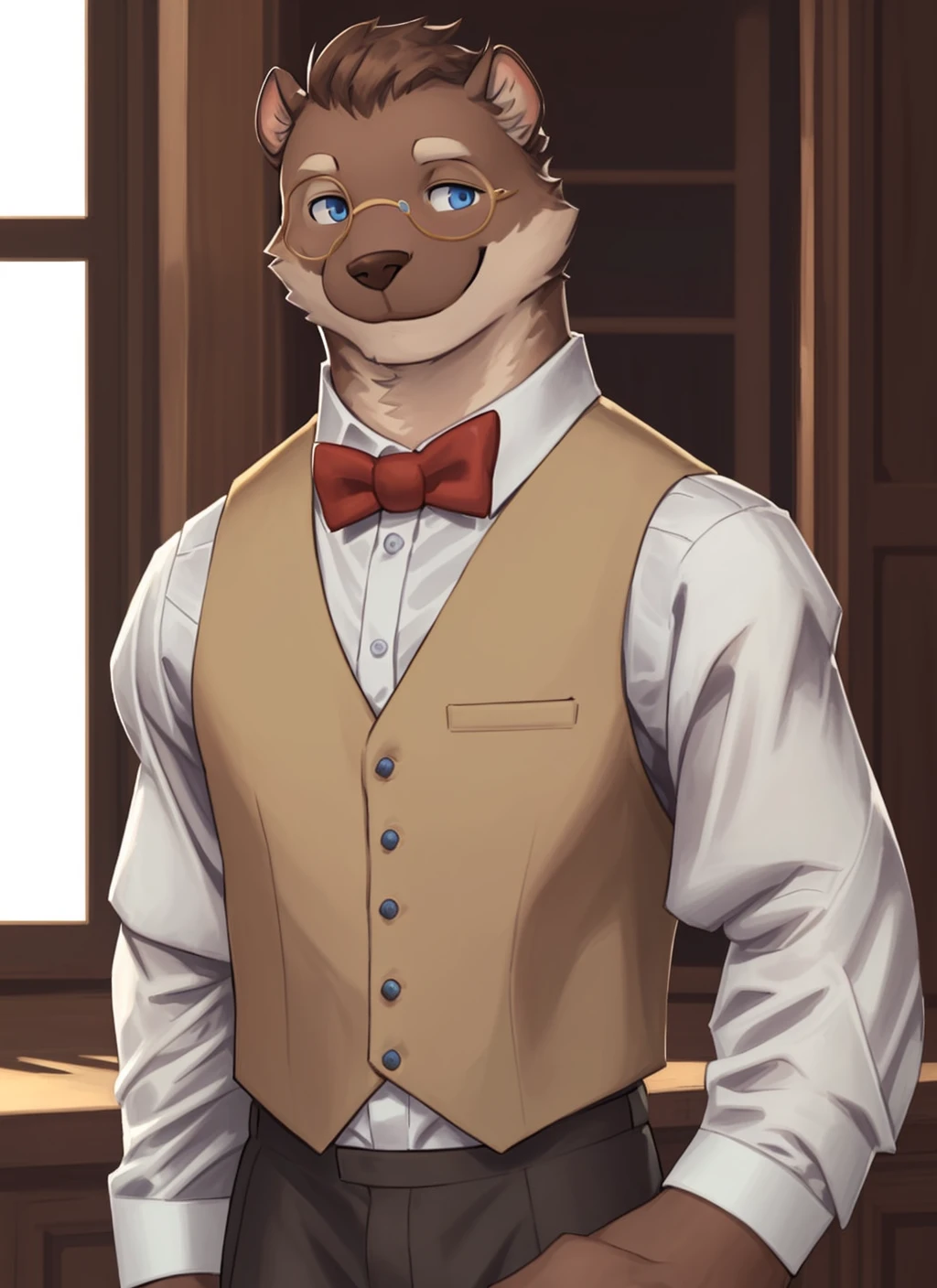 <lora:clifford-08:1>, clifford tibbits, solo, brown fur, solo, looking at viewer, smile, shirt, 1boy, bow, white shirt, male focus, collared shirt, pants, bowtie, vest, red bow, red bowtie, sleeves rolled up, brown vest, blue eyes, detailed face