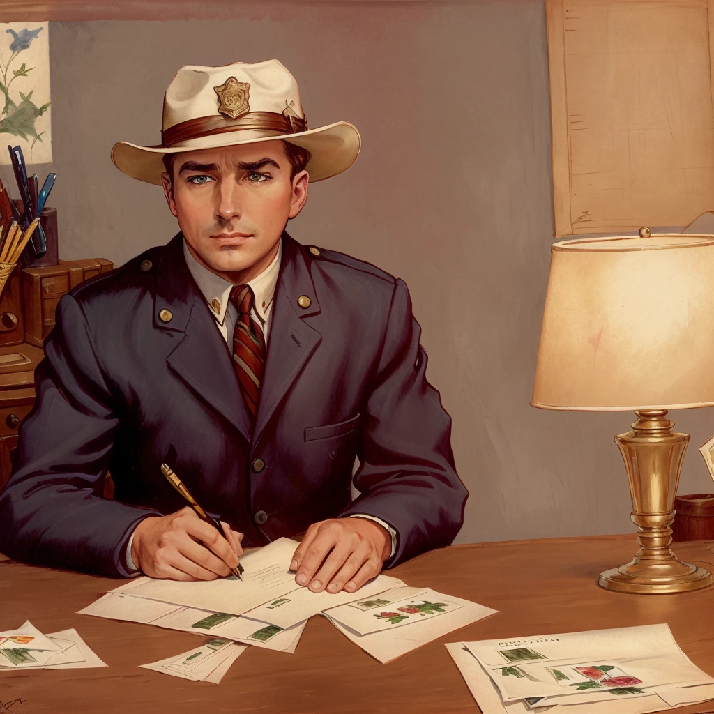 male detective, looking at viewer, wearing a hat, paper near the desk, hands on desk, vintage art, illustration, detailed, at the police station, upper body perspective<lora:1950sVintageArt:1>