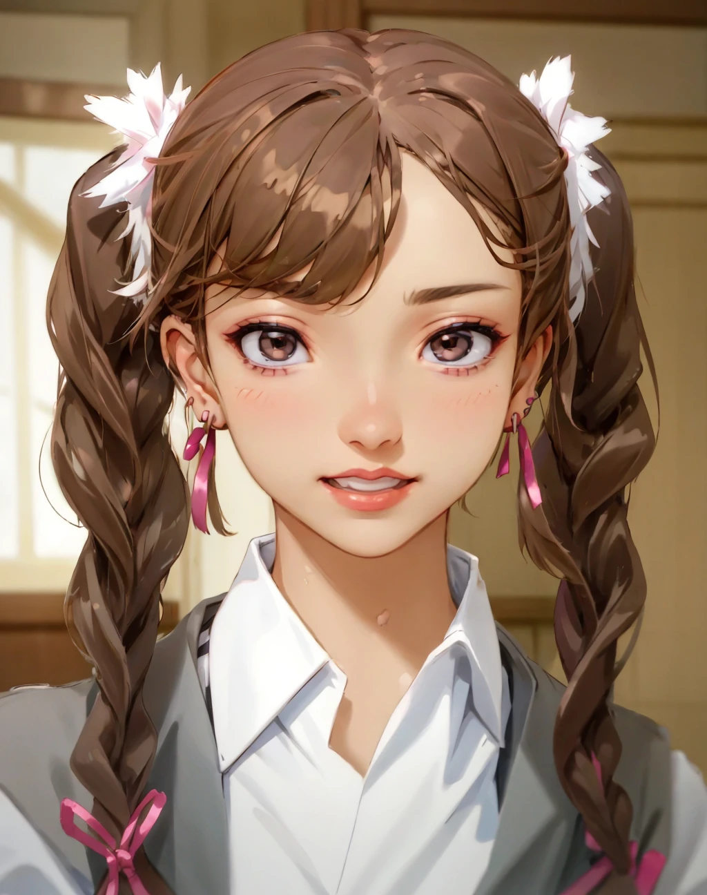 Masterpiece, absurdres, fine detail, HDR,beautiful smile, highly detailed facial features,
1girl, solo, looking at viewer, smile, bangs, brown hair, ribbon, twintails, jewelry, hair ribbon, braid, earrings, teeth, blurry, twin braids, parody, portrait, realistic, edgHitMeBaby, edgHitMeBaby_woman,with a edgHitMeBaby_hairstyle, wearing edgHitMeBaby_outfit
 <lora:edgHitMeBaby1:1>