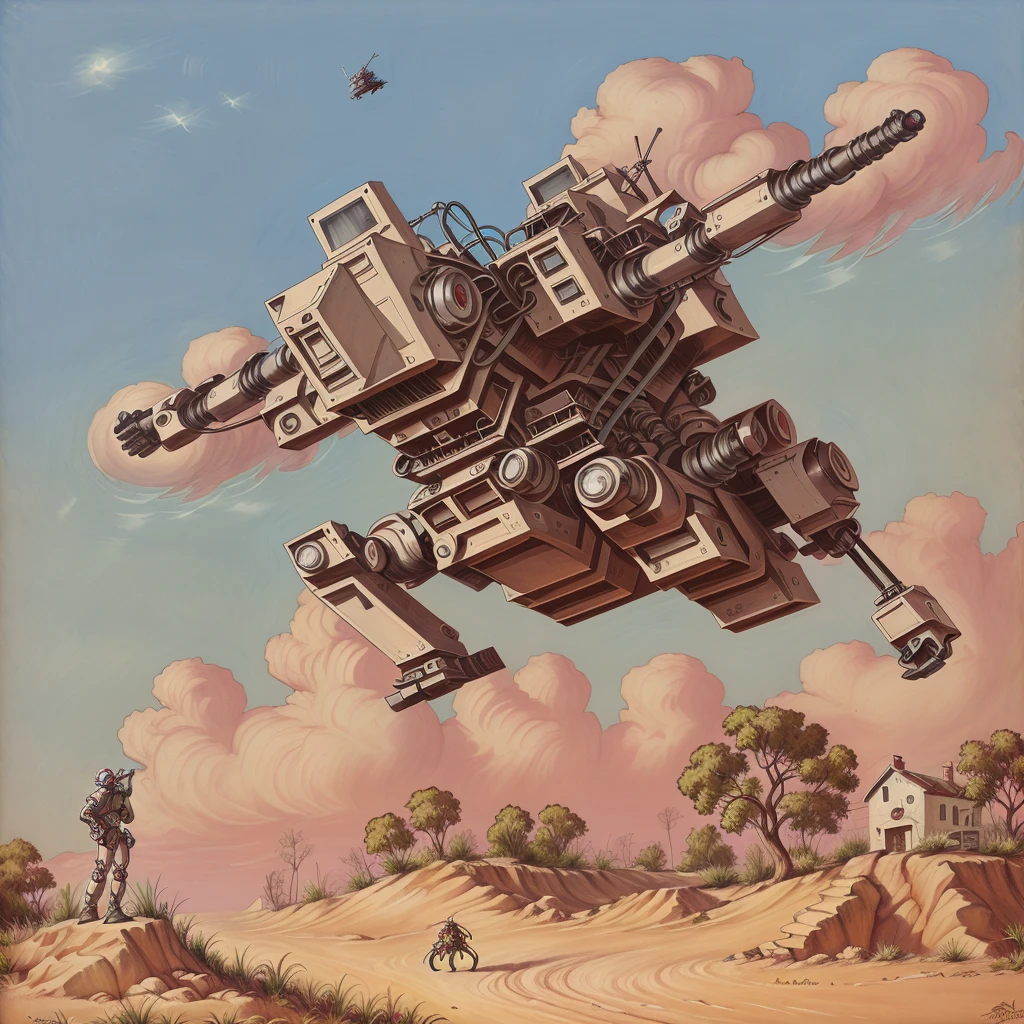 mech robot, flying in the sky, vintage art, illustration, upper body perspective<lora:1950sVintageArt:1>