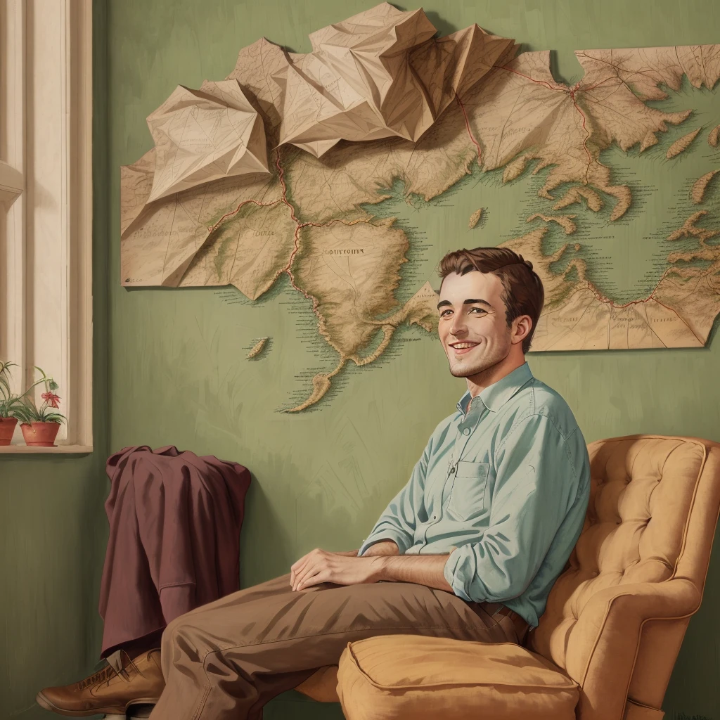 man smiling, looking at viewer, brown hair, sitting on a chair, vintage art, illustration, detailed, in the living room, green wall<lora:1950sVintageArt:1>