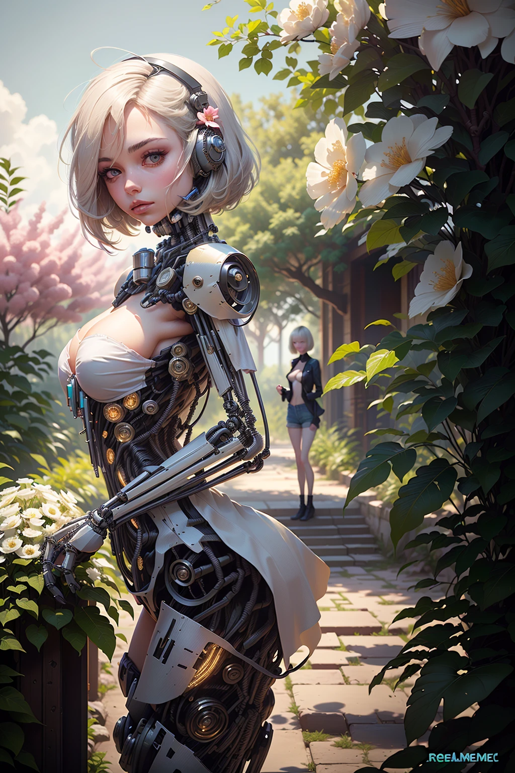 <lora:reelmech1v2:1> (reelmech:1.5), pretty 1girl, absurdres, 8k uhd, platinum blonde hair, bob cut, medium breasts, black tshirt, denim shorts, garden background, flowers, magnolias, apple tree, close up portrait