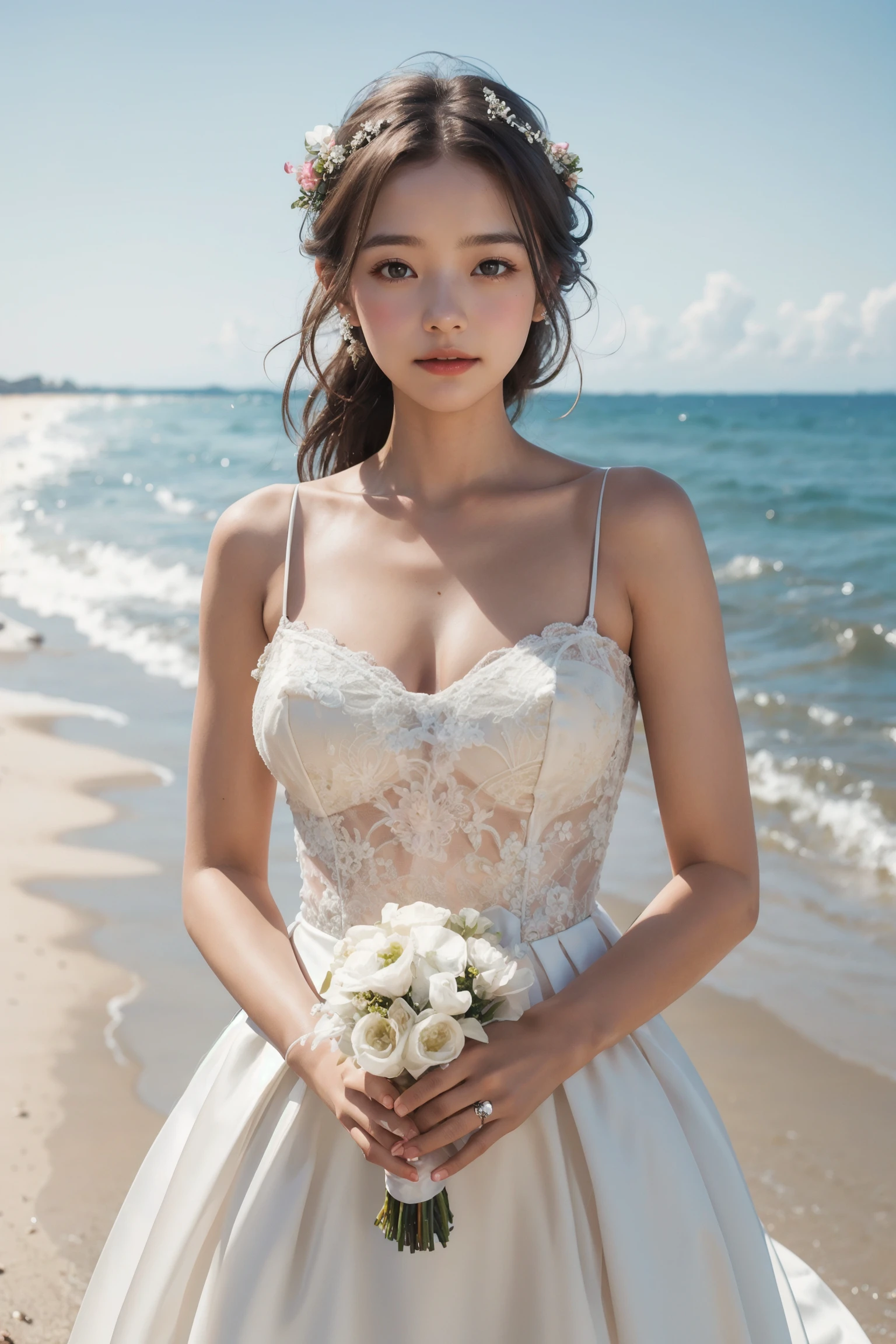 photo of a girl in wedding dress, dutch angle, beach background, bright eyes, blurred background, fine details, photorealistic, relaxed atmosphere, film photography, natural blurry