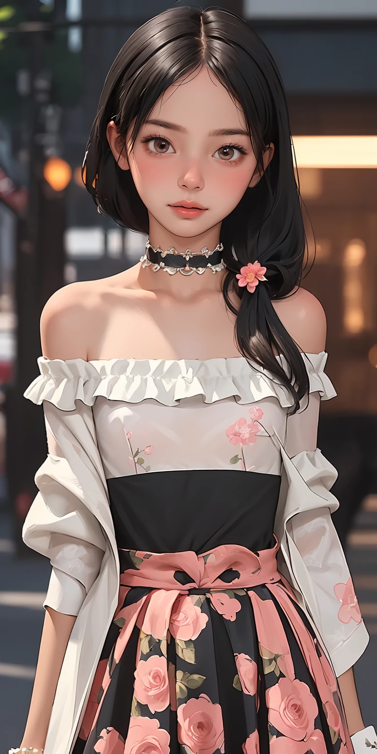 (best quality, masterpiece), 1girl, intricate details, off shoulder, skirt, choker, frills, see-through, looking at viewer, blush, upper body, blurry background, floral print, contrapposto