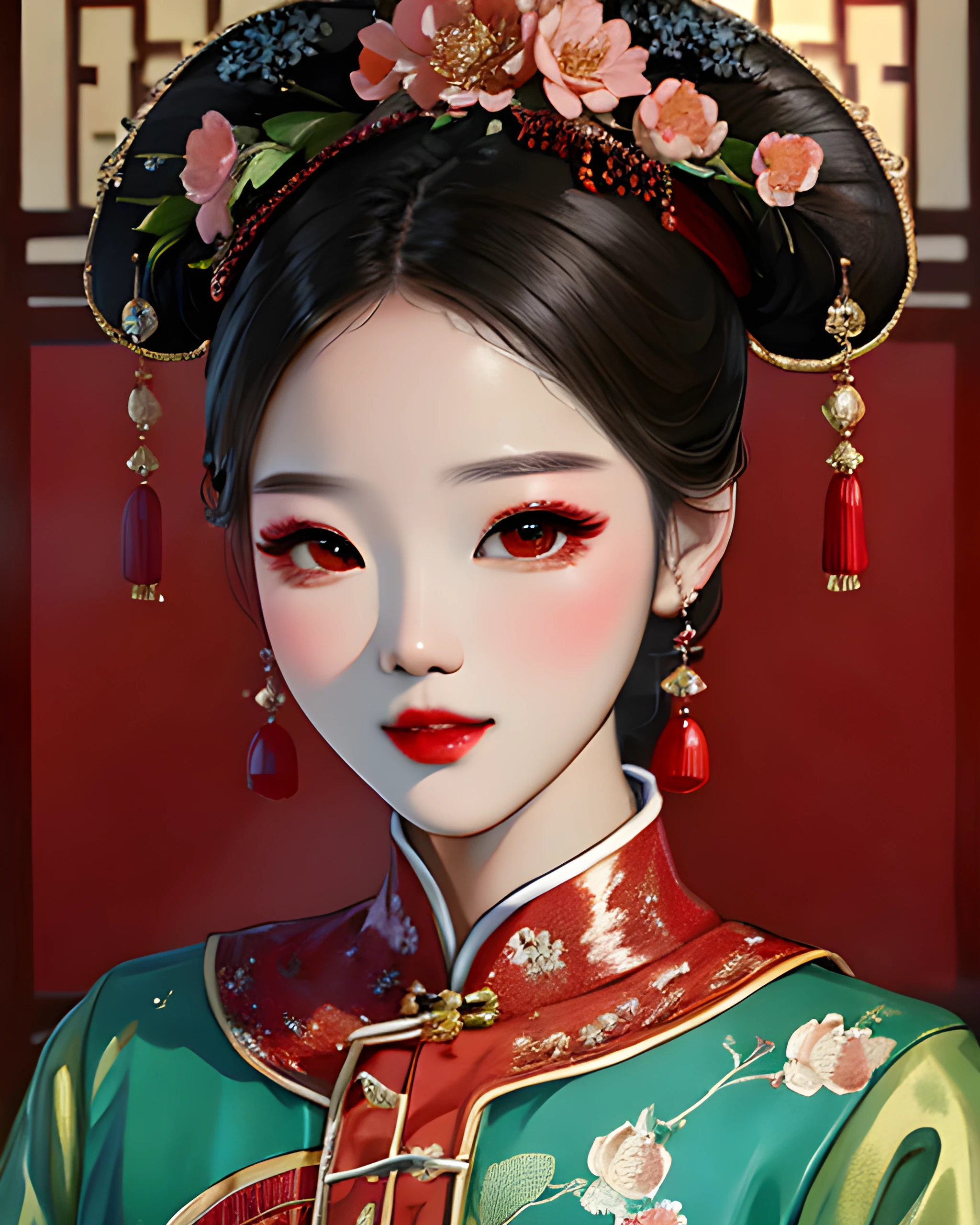 sparkling winter strawberry, woman wearing qingfashion, portrait, traditional chinese room, peach blossoms, masterpiece, 8k, highest quality, trending on artstation