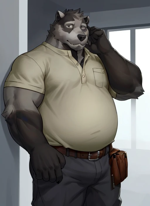 <lora:nikolai-08:1>, nikolai krol, black fur, gray fur, solo, looking at viewer, shirt, 1boy, male focus, belt, pants, plump, chubby
