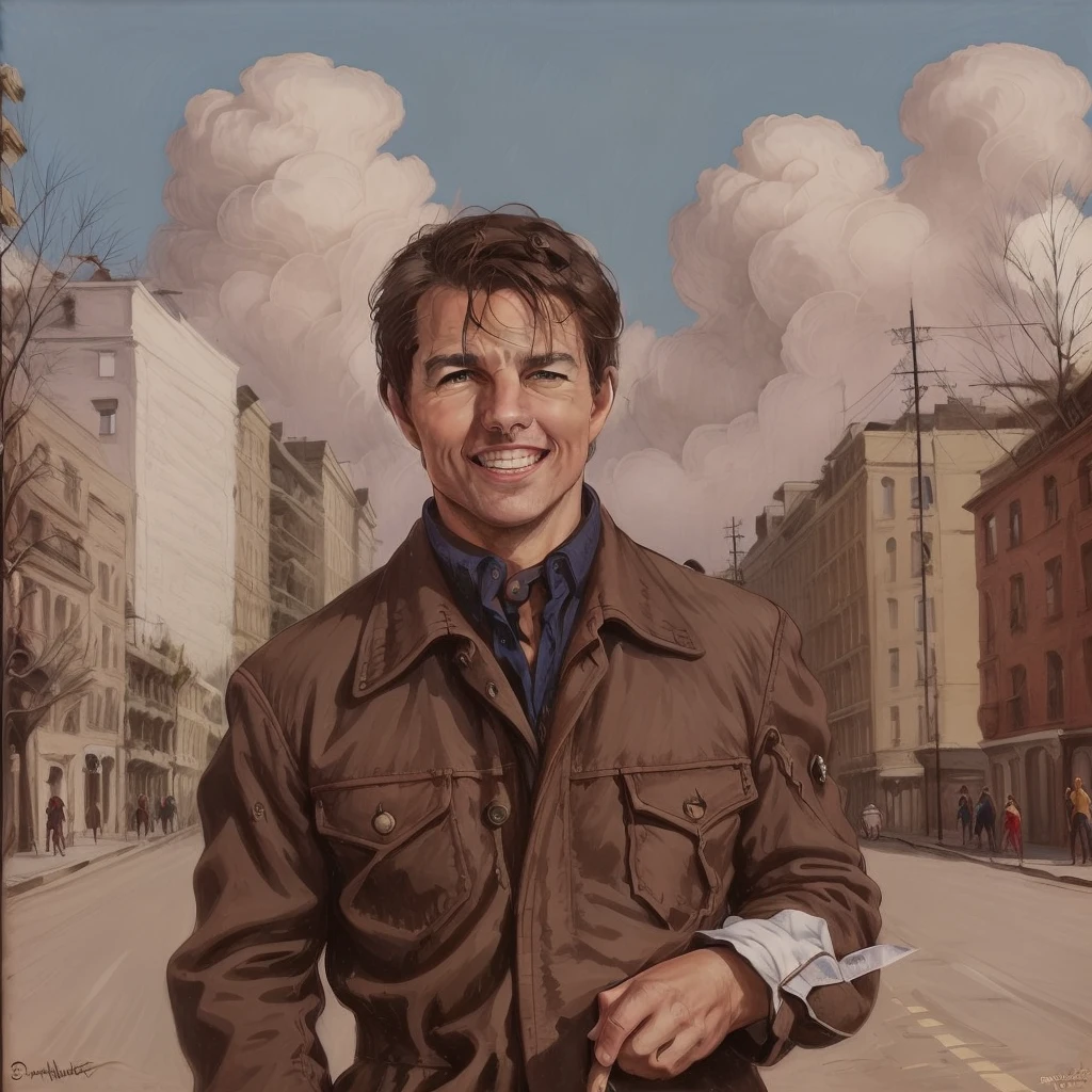 Tom Cruise, (in the city), blue sky with clouds, ((smiling at viewer)), vintage art<lora:1950sVintageArt:1>