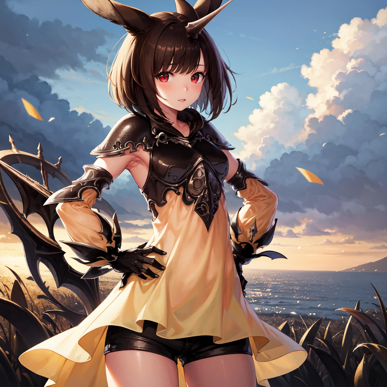 (masterpiece, best quality, highres), 1girl, solo, short hair, red eyes, shorts, animal ears, horns, single horn, armor, hand on hip, black shorts, detached sleeves, brown hair, short shorts, rabbit ears, see-through, black hair, looking at viewer, cloud, sky, dress, gloves, standing, bangs, cloudy sky, shoulder armor, bob cut, gauntlets, , cowboy shot, outdoors, brown eyes, black gloves, pauldrons, bike shorts, breasts, fantasy, yellow dress, small breasts, blunt bangs, breastplate, light particles, vambraces, parted lips, closed mouth, thighs, long sleeves, armpits, short dress <lora:RaminaV1:1>