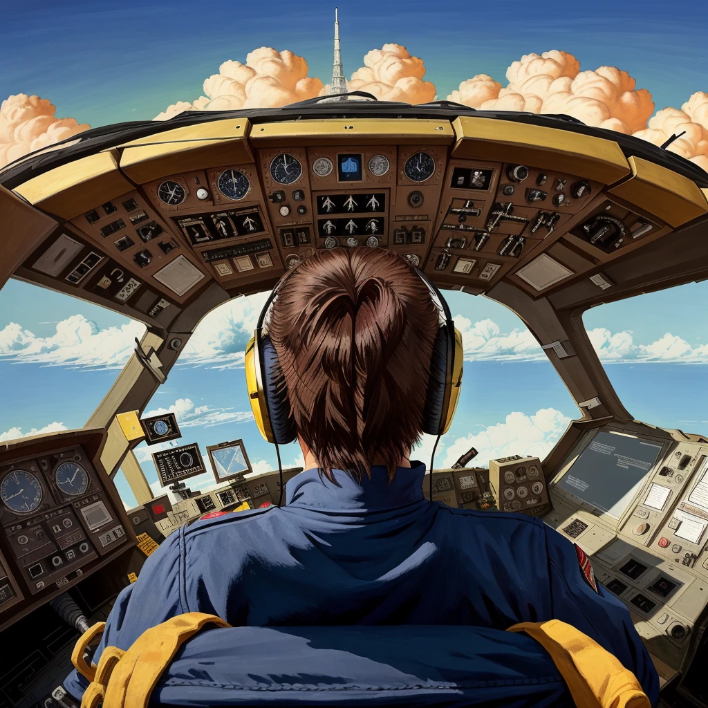 fighter pilot inside a cockpit of a fighter jet, flying in the sky, blue sky with clouds, amazing detail, vintage art<lora:1950sVintageArt:1>