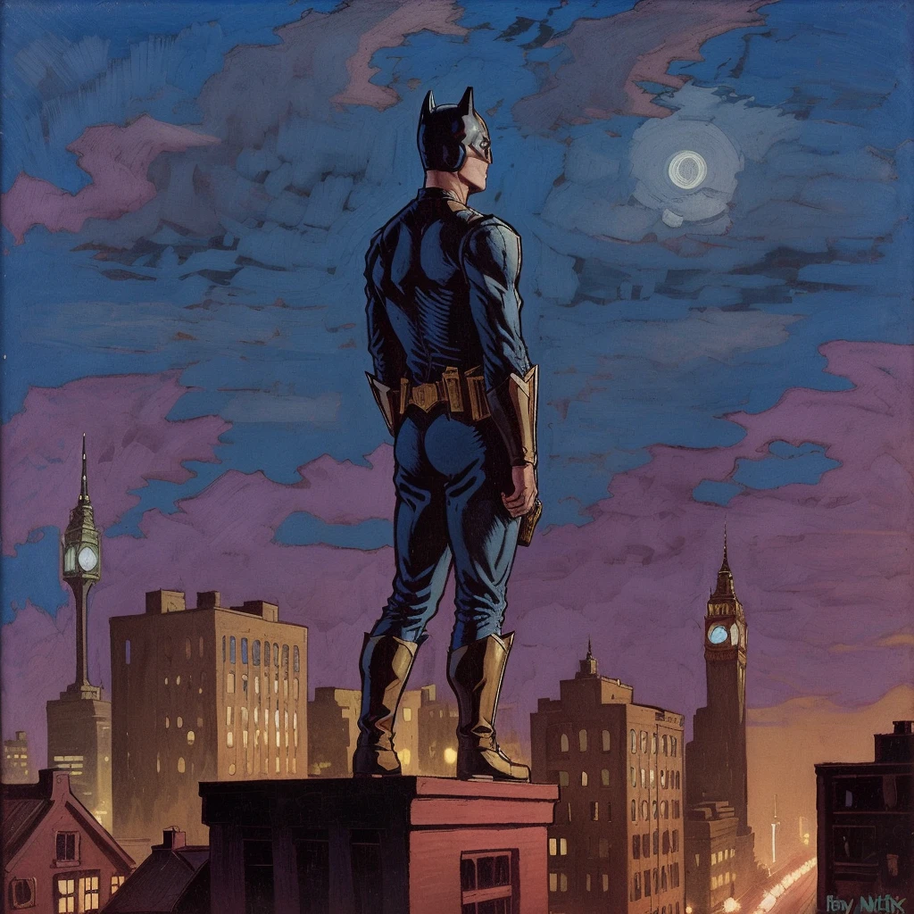 Batman standing on a rooftop, nighttime, night sky, in Gotham City, 1boy, vintage art<lora:1950sVintageArt:1>