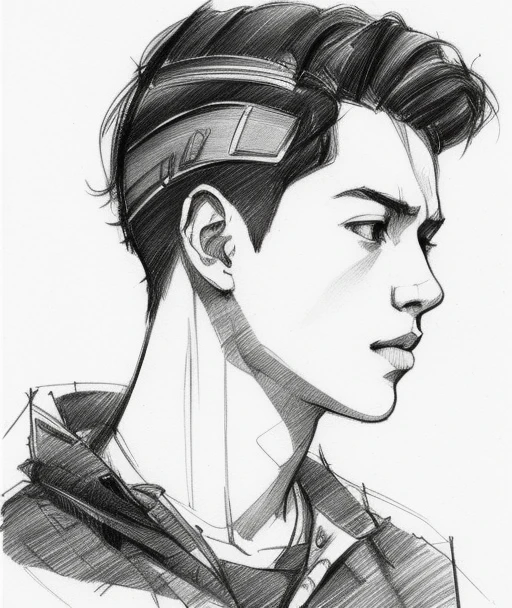 A young man, sketch artstyle, graycale, monochrome, ((solo))