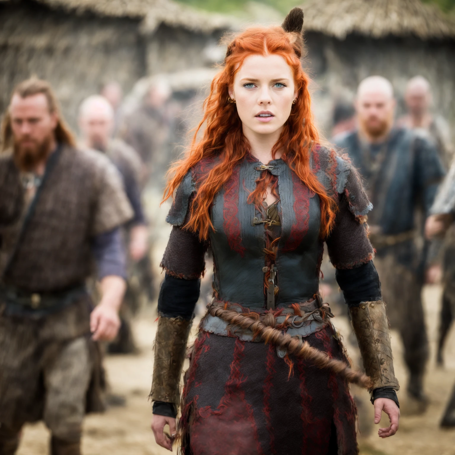 A red haired viking girl wearing a black futuristic armor, walking inside a tribal village with people in the background. The woman looks passionate. The photograph is highly detailed, bokeh