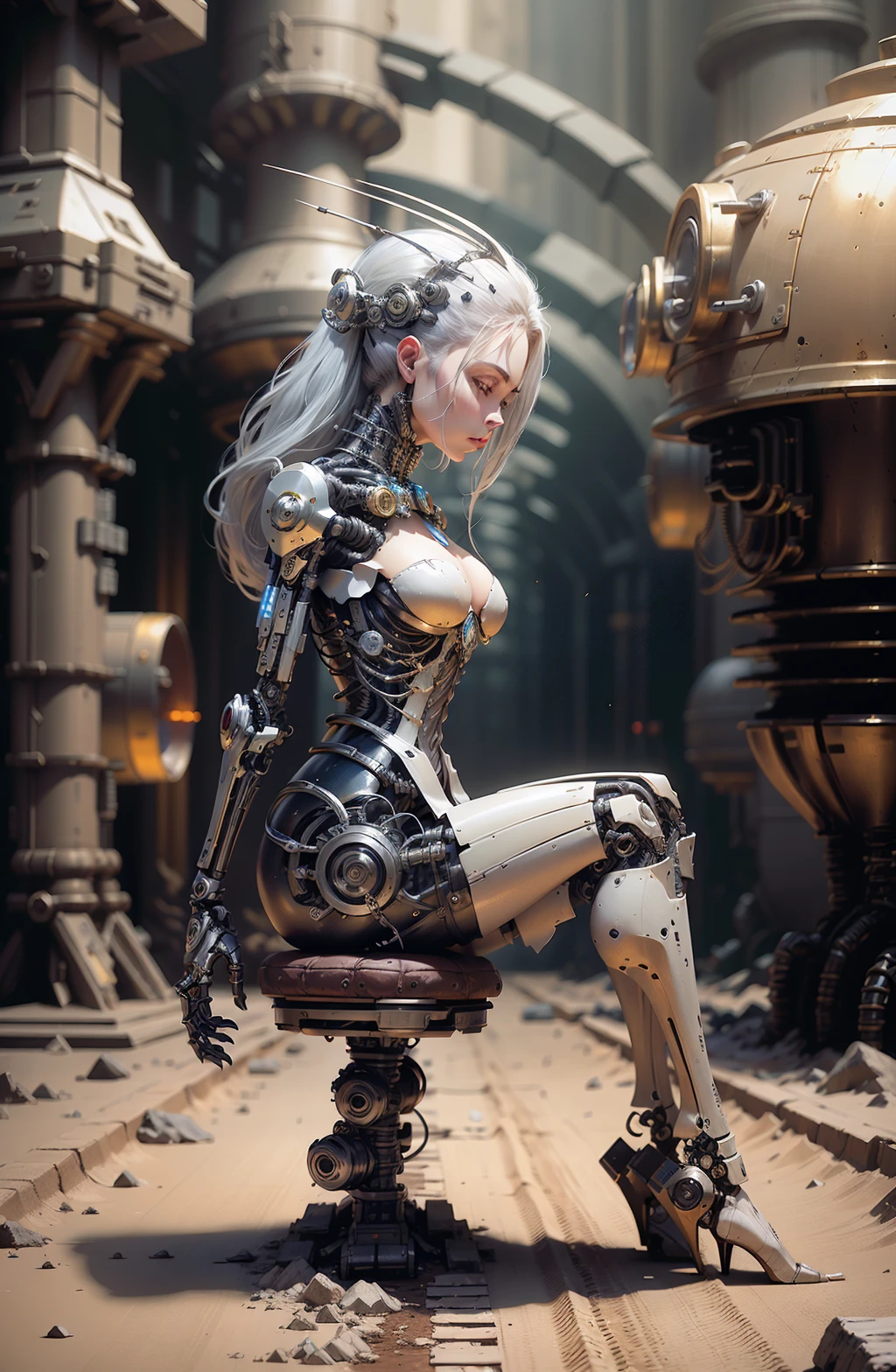 <lora:reelmech1v2:1> (reelmech:1.5), ,complex 3d render ultra detailed of a beautiful porcelain profile woman android face, cyborg, robotic parts, 150 mm, beautiful studio soft light, rim light, vibrant details, luxurious cyberpunk, lace, hyperrealistic, anatomical, facial muscles, cable electric wires, microchip, elegant, beautiful background, octane render, H. R. Giger style, 8k, best quality, masterpiece, illustration, an extremely delicate and beautiful, extremely detailed ,CG ,unity ,wallpaper, (realistic, photo-realistic:1.37),Amazing, finely detail, masterpiece,best quality,official art, extremely detailed CG unity 8k wallpaper, absurdres, incredibly absurdres, <lora:japaneseDollLikeness_v10:0.1>, <lora:koreanDollLikeness_v10:0.5>, robot, silver halmet, full body, sitting