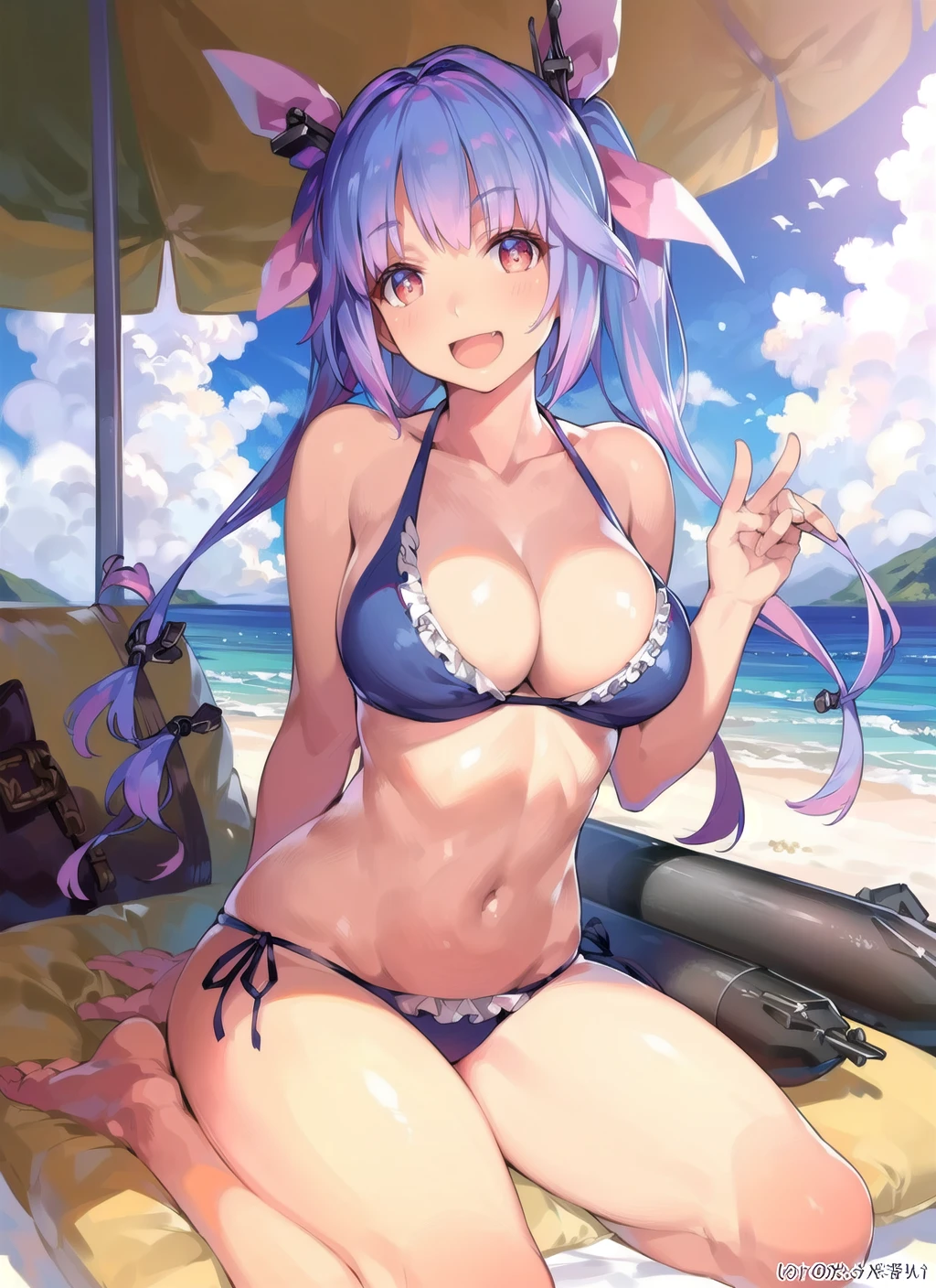 (masterpiece), (best quality), (ultra-detailed), photorealistic, (best illustration), (an extremely delicate and beautiful), 1girl, solo, full body, (iku:1.1), finely detailed iris, hair accessory, smile, blue sky, sunlight, diffraction spikes, twintails, large breasts, hair ribbon, multicolored hair, long hair, :d, fang, <lora:iku_nai_1:1:OUTALL>, pillow, torpedo, side-tie bikini bottom, frilled bikini, beach, delicate hand,