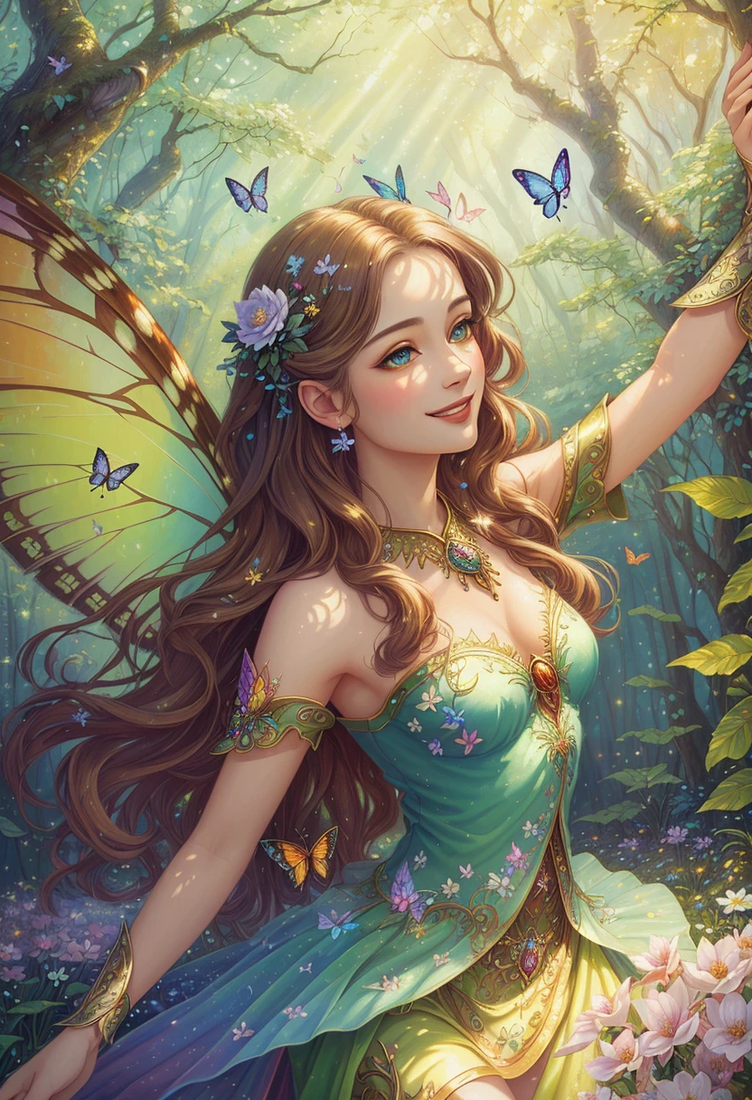 ((best quality)), ((masterpiece)), ((ultra realistic)), ((fantasy style)), beautiful intricately detailed soft oil painting beautiful dancing fairy, rainbow colored wings, smiling detailed face, in a forest glade, beautiful eyes, spring time, flowers, fluffy clouds, butterflies, animals everywhere,