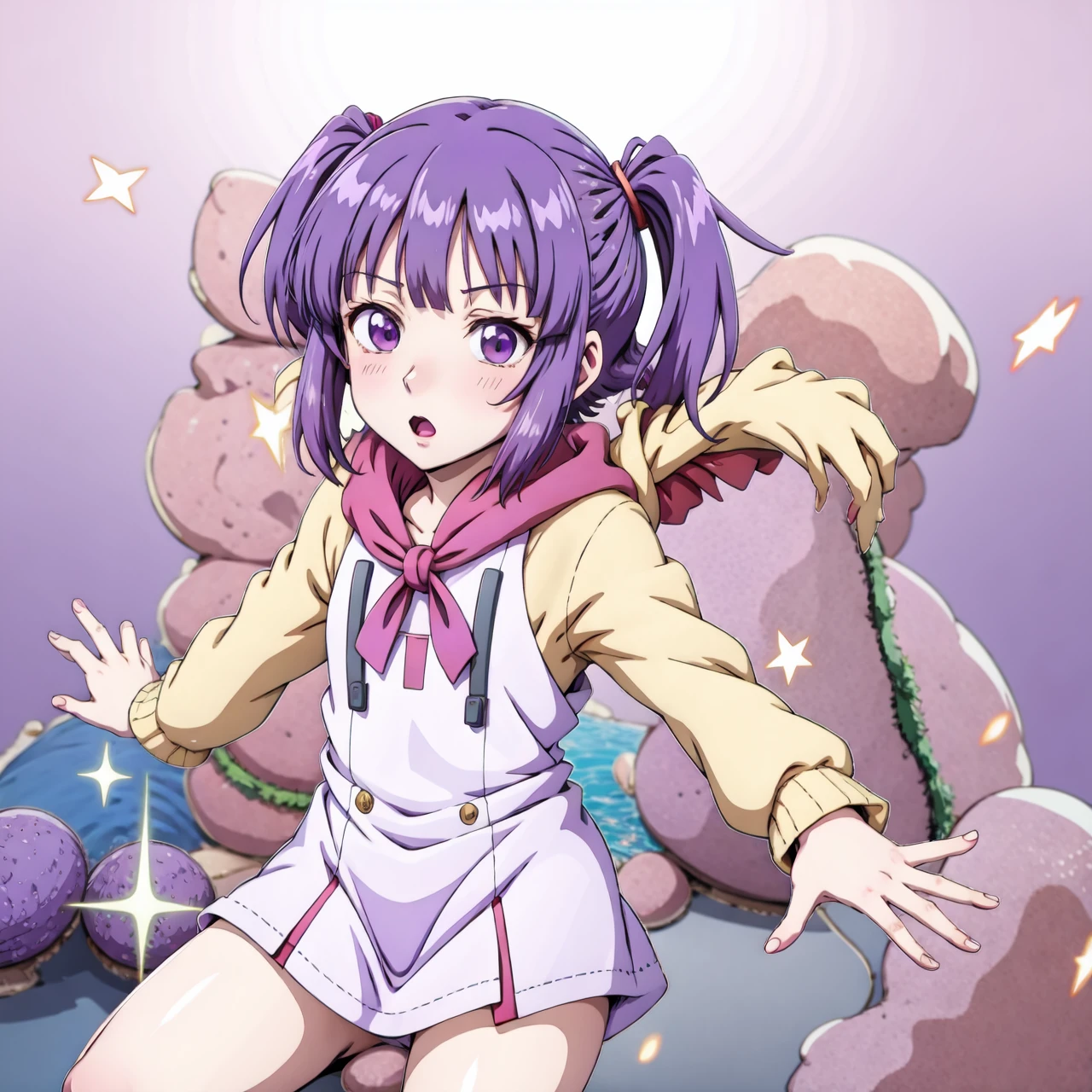 masterpiece,(best quality, high quality, highres:1.2), dynamic_pose, megami_magazine, (white outline vector art:1.2),(anime_coloring:1.4), (purple hair girl:1.4) (dark Bald head mature fat man with fundoshi sunglasses :-1)