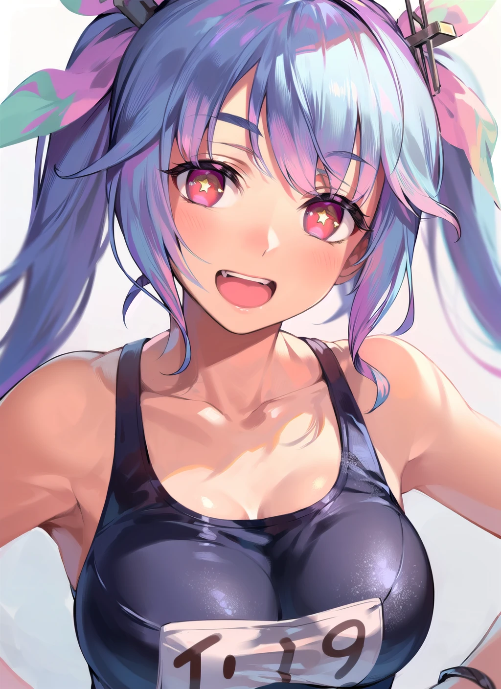 (masterpiece), (best quality), (ultra-detailed), photorealistic, (best illustration), (an extremely delicate and beautiful), 1girl, solo, close-up, (iku:1.1), finely detailed iris, one-piece swimsuit, hair accessory, smile, twintails, hair ribbon, multicolored hair, long hair, (fang:0.8), <lora:iku_nai_1:1:OUTALL>, 19, old school swimsuit, (star-shaped pupils:1.22), :d, hand, name tag, (star \(symbol\):1.22),