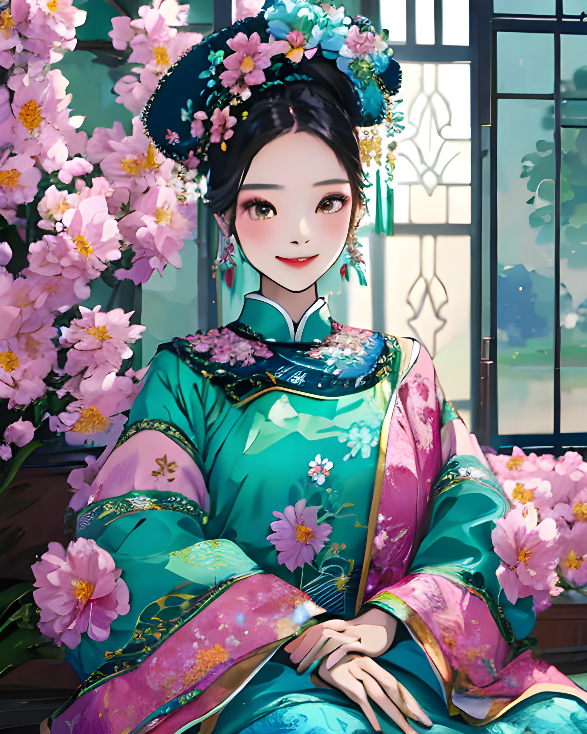 woman wearing qingfashion, portrait, sweet smile, spring flowers, (blue green and pink), masterpiece, 8k, highest quality, trending on artstation