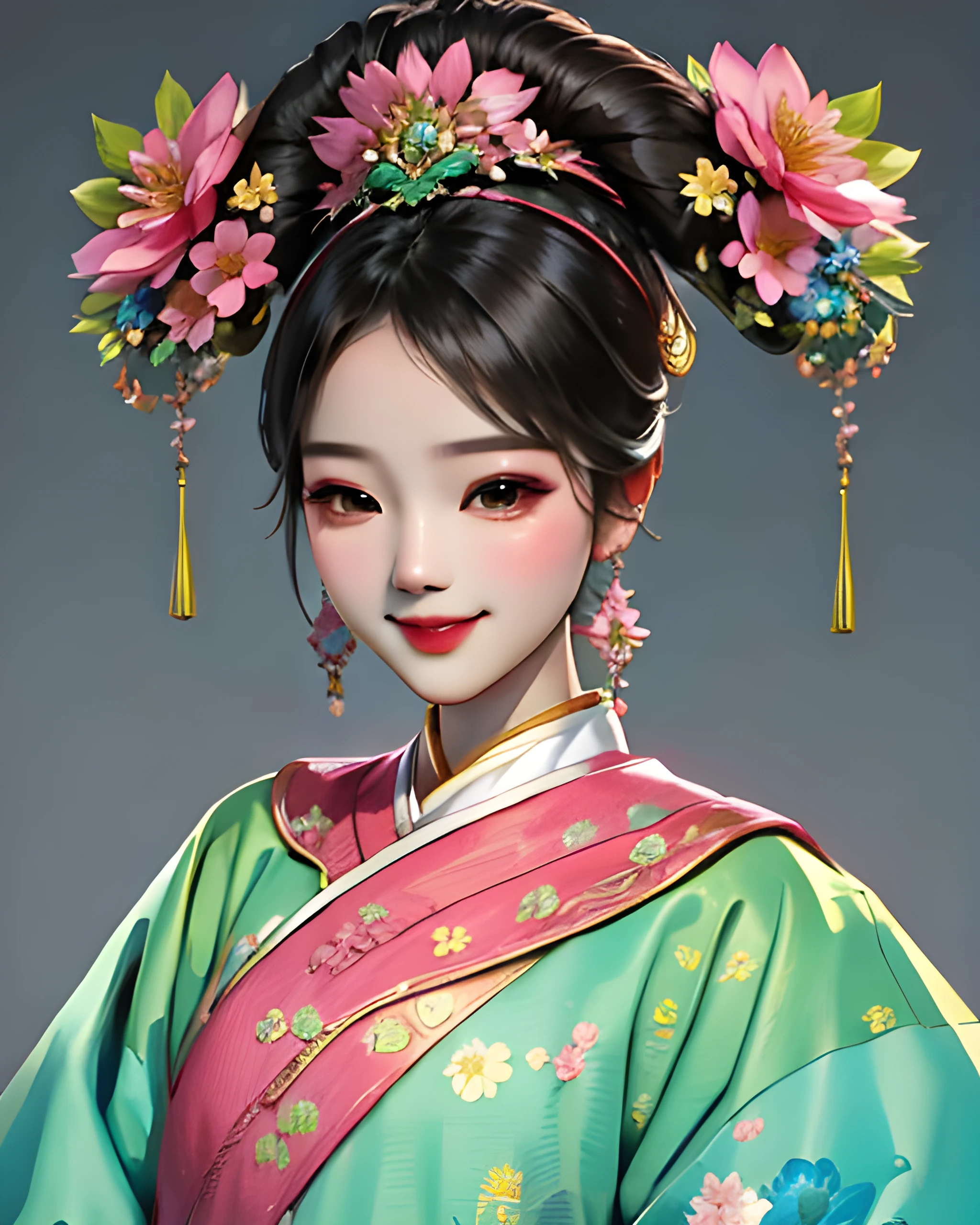 woman wearing qingfashion, portrait, sweet smile, spring flowers, (blue green and pink), masterpiece, 8k, highest quality, trending on artstation