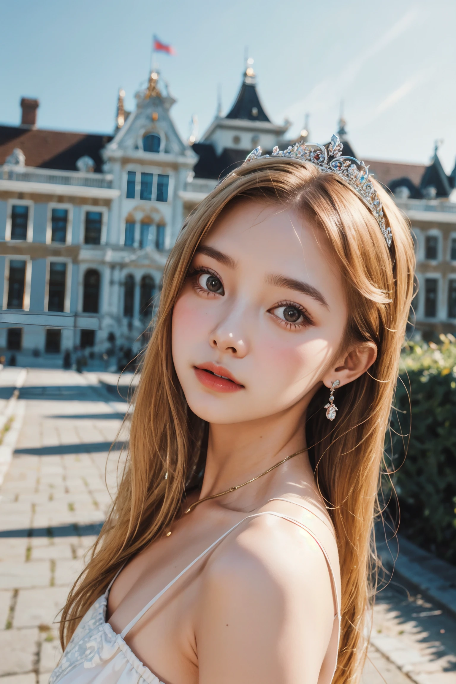 photo of a girl, tiara, dutch angle, palace, bright eyes, blurred background, fine details, photorealistic, relaxed atmosphere, film photography, natural blurry