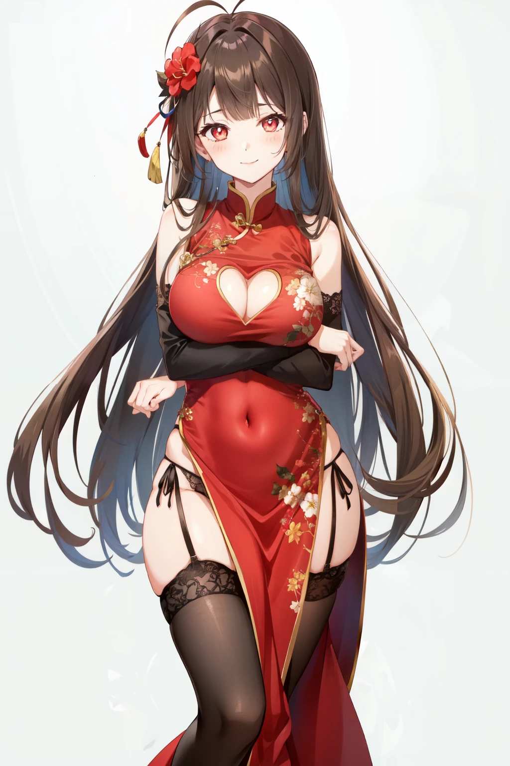 china dress with heart cutout, hand fan, covered navel, bridal gauntlets, red dress, garter straps, closed mouth, smile, white background, heart cutout, heart-shaped pupils, bare shoulders, dress, crossed arms, heart, red eyes, underwear, flower, solo, skindentation, folded fan, 1girl, folding fan, ahoge, cleavage, symbol-shaped pupils, cleavage cutout, blunt bangs, very long hair, garter belt, long hair, holding, china dress, brown hair, arms under breasts, large breasts, black panties, pelvic curtain, thighhighs, black thighhighs, panties, looking at viewer, side-tie panties, hair flower, chinese clothes, breast hold, thighs, antenna hair, blush, hair ornament, clothing cutout, side slit, sidelocks, simple background