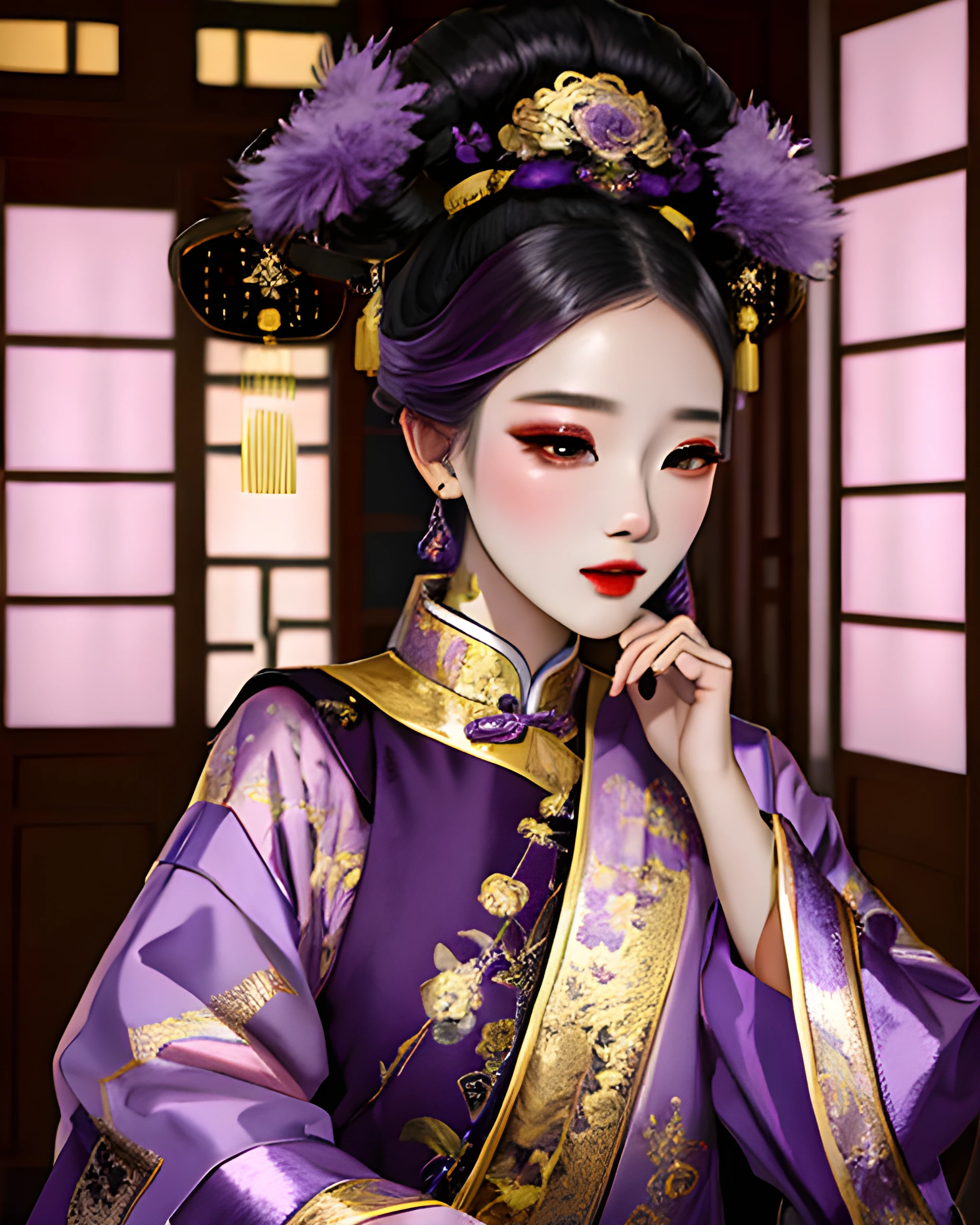 woman wearing qingfashion, portrait, purple hair, traditional chinese room, (gold white and purple), masterpiece, 8k, highest quality, trending on artstation