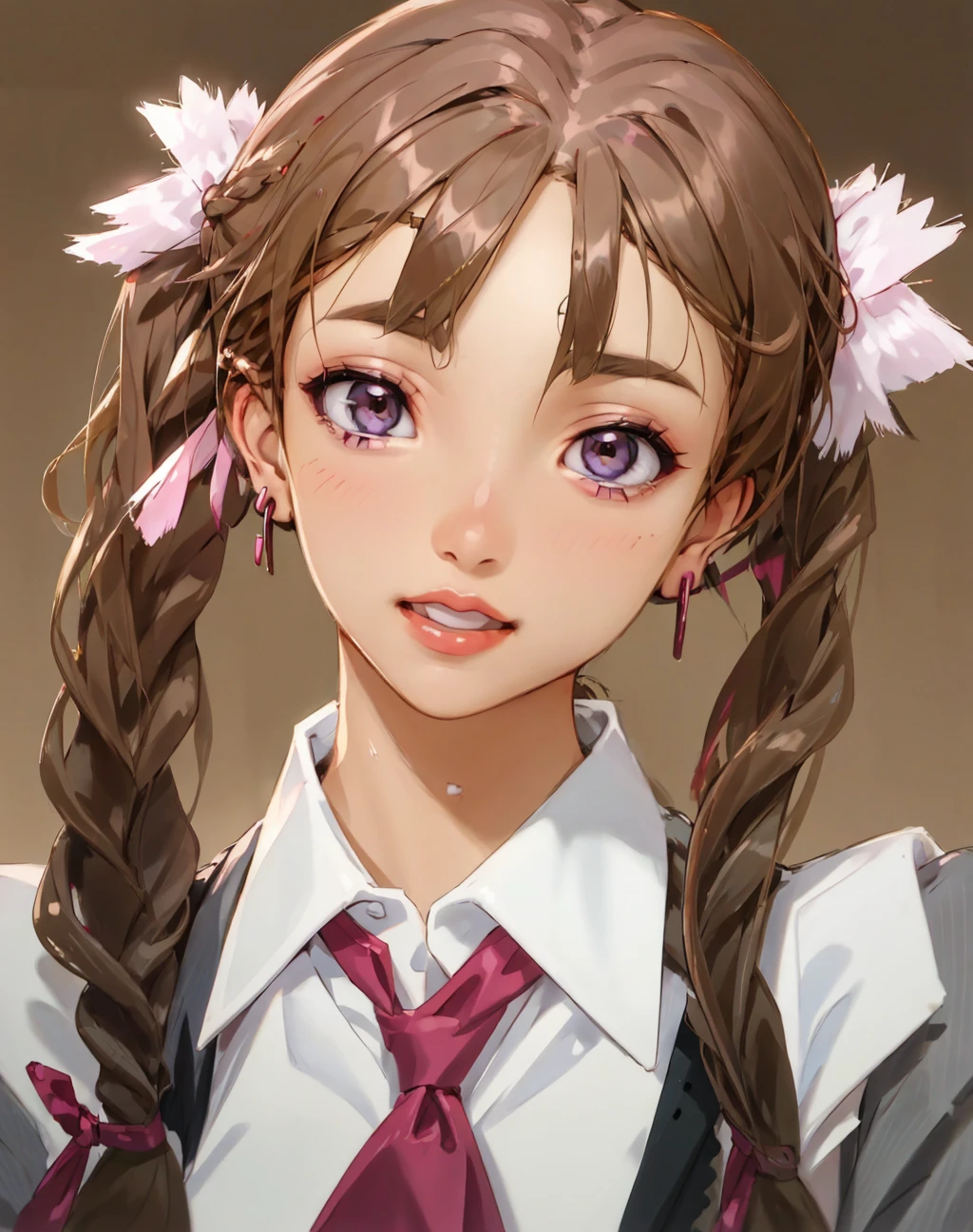 Masterpiece, absurdres, fine detail, HDR,beautiful smile, highly detailed facial features,
1girl, solo, looking at viewer, smile, bangs, brown hair, ribbon, twintails, jewelry, hair ribbon, braid, earrings, teeth, blurry, twin braids, parody, portrait, realistic, edgHitMeBaby, edgHitMeBaby_woman,with a edgHitMeBaby_hairstyle, wearing edgHitMeBaby_outfit
<lora:edgHitMeBaby1:1>