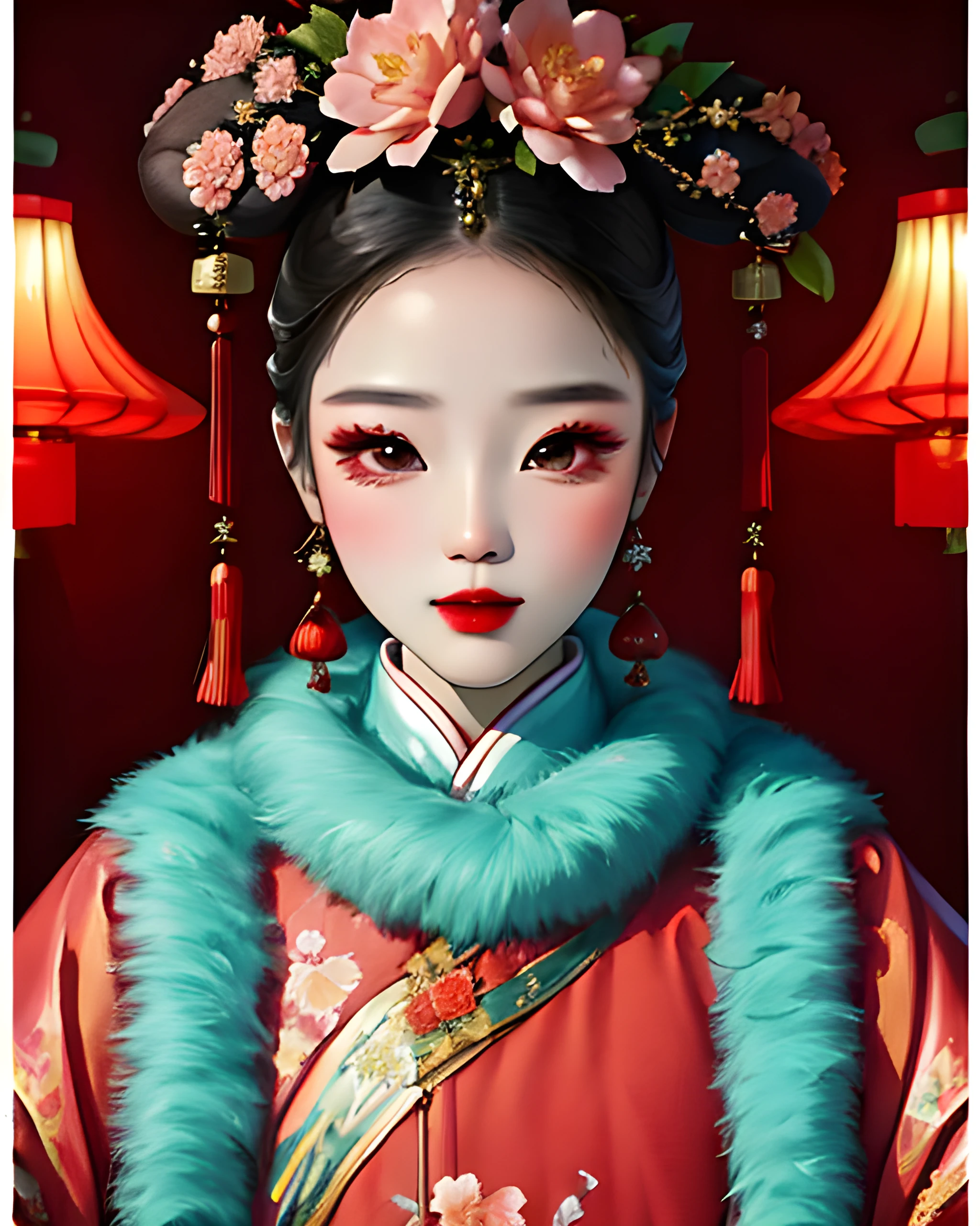 sparkling winter strawberry, woman wearing qingfashion, portrait, traditional chinese room, peach blossoms, masterpiece, 8k, highest quality, trending on artstation