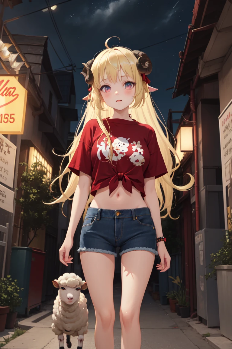 masterpiece, best quality, absurdres, perfect anatomy, Tsunomaki Watame, sheep girl, sheep ears, long hair, stylish outfit, hip hop, tied shirt, red shirt, denim shorts, midriff, night, alley, neon lights, confident stance