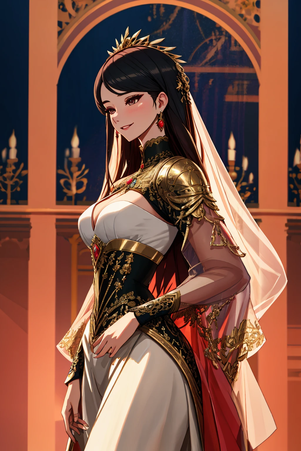 masterpiece, best quality, finely detailed, maximalist, 4K, 8K, high resolution, extremely delicate and beautiful, black-haired chubby beauty, aged 20, adorned in a captivating black and red long-sleeved ball gown, her face adorned with strong pink makeup, gorgeous dark-blue eyes accentuated with intricate details, her lips, too, delicately rendered in detail, striking a suggestive pose, flashing an evil smile, her hair cascading down to her waist in a long, black ponytail, with a light and transparent veil filling the scene with charm