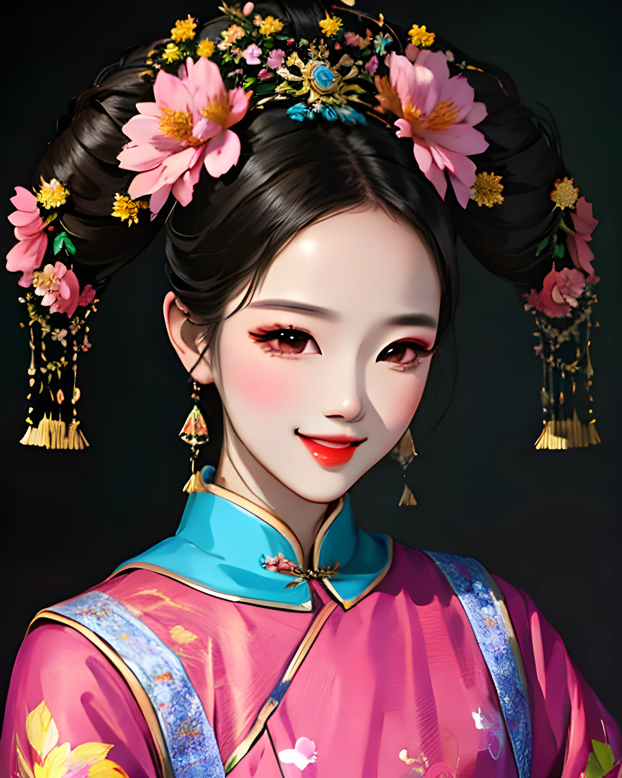 woman wearing qingfashion, portrait, sweet smile, spring flowers, masterpiece, 8k, highest quality, trending on artstation