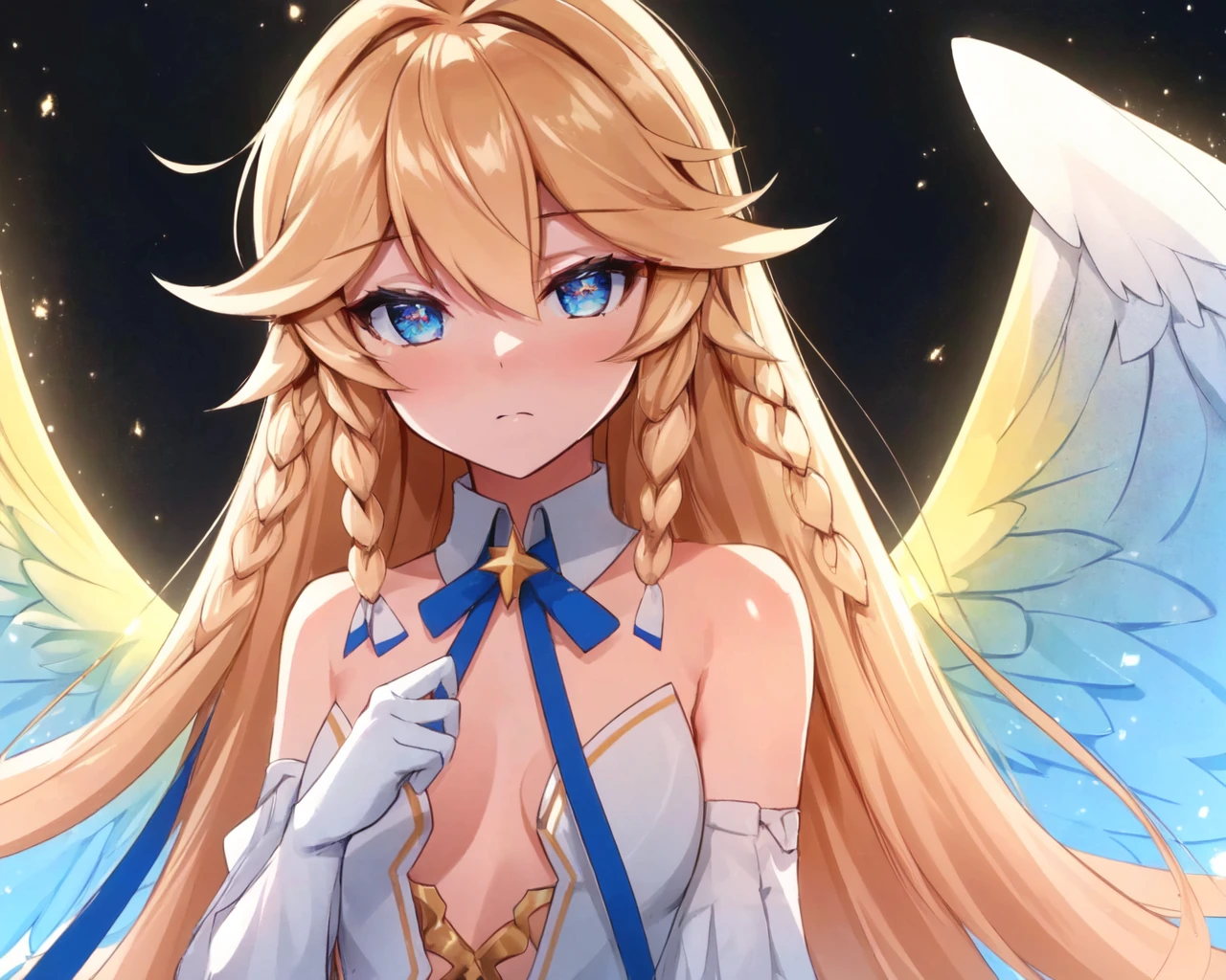 <lora:e7 AOL2:0.7> e7 AOL, dynamic angle, extending her wings, stars in the background, colorful, flying particles of different colors, shiny light, reaching at viewer,
(masterpiece), best quality, highres, 4k, 8k, Detailed Illustration, intricate detail, cinematic lighting, amazing quality, 1girl, fit female, amazing shading, soft lighting, facing camera, perfect eyes,