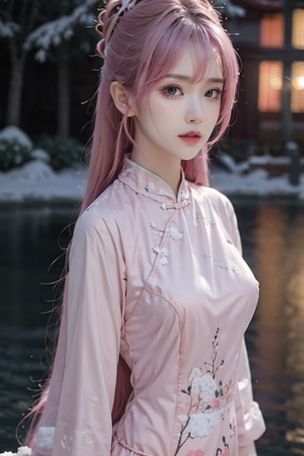 face lighting,bright backlight,medium breasts,super high resolution,best quality,Photos,4k,(Realistic:1.2),1girl,Pink hair,(Snow:1.2),QiPao2,Half-body phase,<lora:girl_20230530180912:0.8>,<lora:LiquidClothesV1fixed:0.8>,<lora:QiPao2:0.5>,