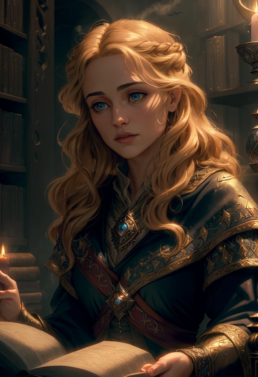 ((best quality)), ((masterpiece)), ((ultra realistic)), ((dark fantasy style)), beautiful intricately detailed soft oil painting of a gorgeous sorceress searching a bookshelf in a spacious arcane library, dressed in Intricately embroidered robe, (magical energies floating everywhere through the air:1.3), dark, musty, candle light, masterpiece, realistic, roughness, ultra realistic, masterpiece, realistic, roughness, hard edge lighting, professional, soft volumetric lighting, depth of field, film grain, smooth, roughness, real life, cinematic film still from lord of the rings|game of thrones|vikings