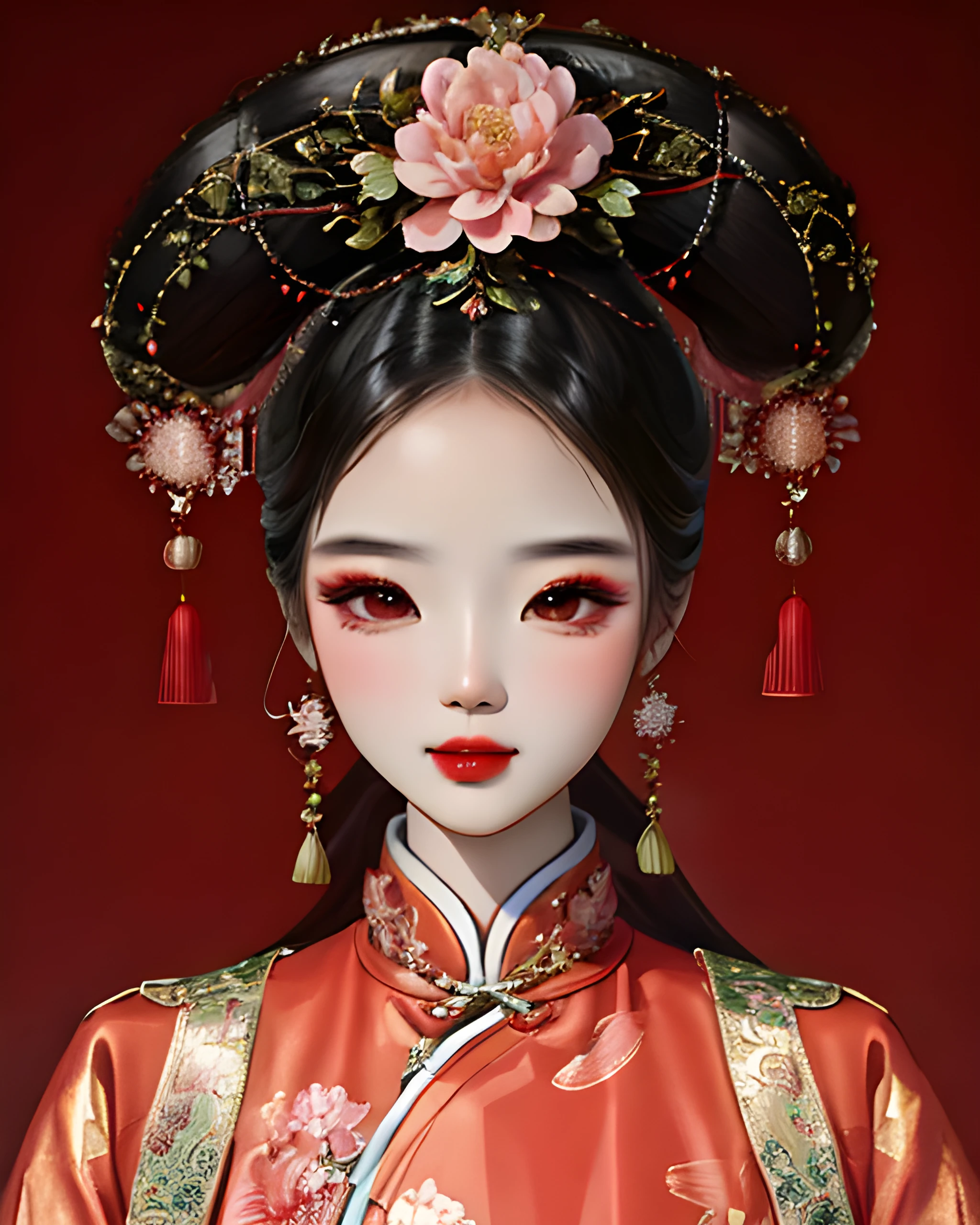 sparkling winter strawberry, woman wearing qingfashion, portrait, traditional chinese room, peach blossoms, masterpiece, 8k, highest quality, trending on artstation