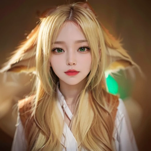 (RAW photo, best quality),masterpiece,extremely detailed,CG,unity,2k wallpaper,finely detail,light smile,huge filesize,ultra-detailed,highres,soft light,beautiful detailed girl,detailed fingers,beautiful detailed eyes,light on face,1girl,(fox ears:1.3),(green eyes:1.3),(blonde hair:1.2),Can't see the ears,