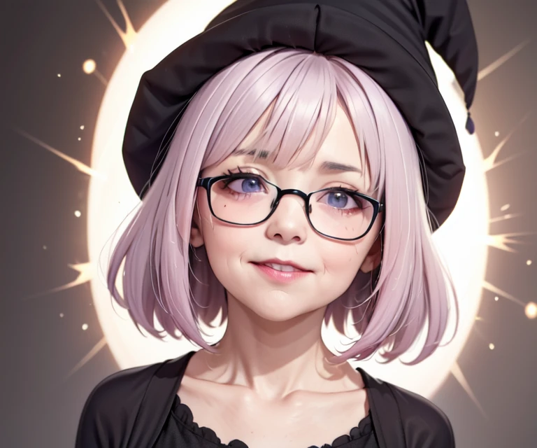 blurry,  depth_of_field,  red_sky,  (nerunerunerune:1.2), smile, 60 years old woman, (An old woman with nasolabial folds on her face:1.4), in a witches hat and black dress, a hologram, magical realism, upper body, (one big illuminates exploding light neon behind her:1.2), Stir purple cream sprinkle candy, Glasses, modern_girl_hair, (shrug:1.3)