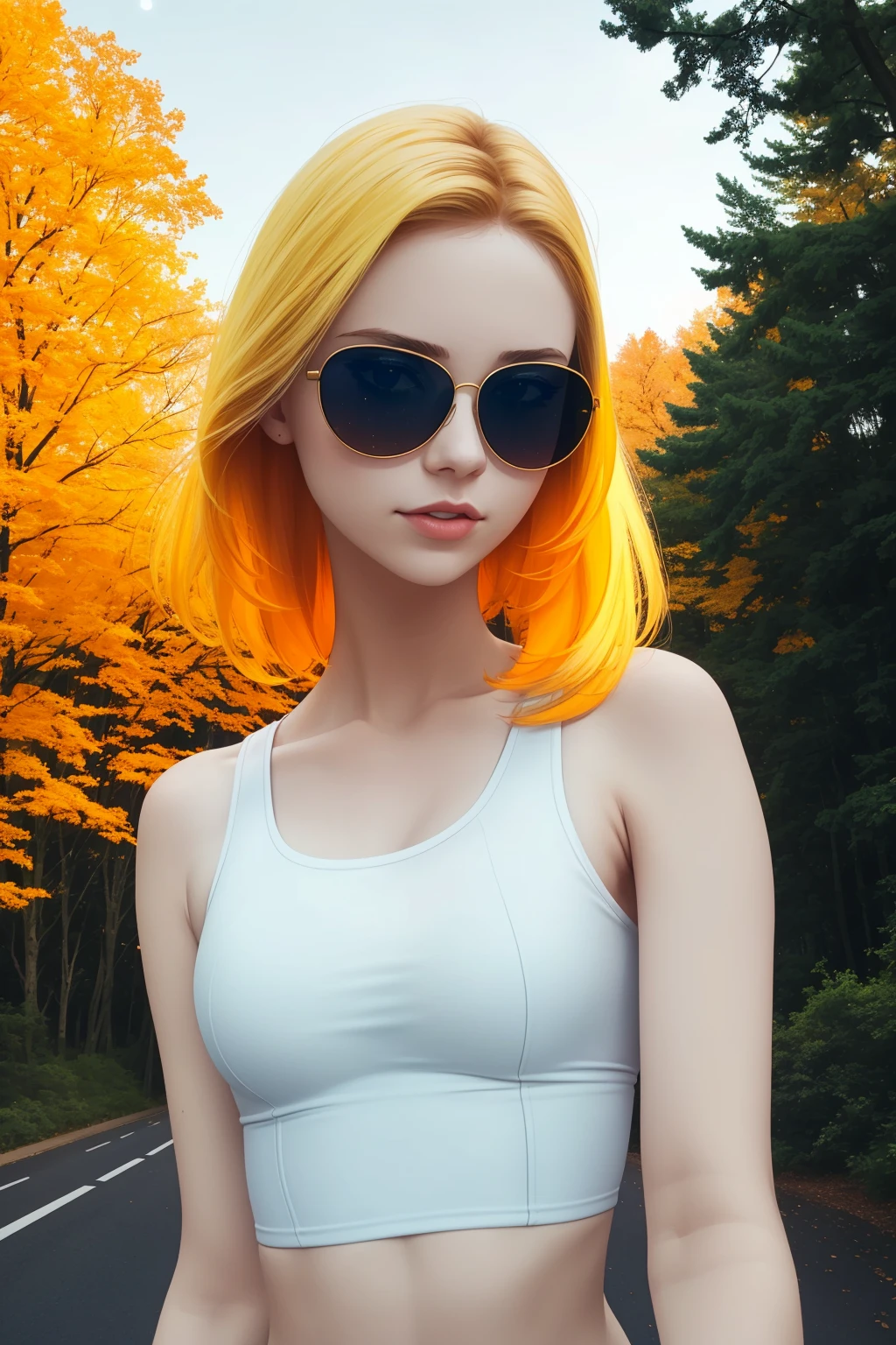 breasts, <lora:fcPerkyV3:1>, from_above, crop top, detailed face, yellow bodycon tank top, hair, park, sky, trees, pale skin, moonlight, stars, 1girl, statement sunglasses, woman,petite, vivid colors, bokeh background, subject for emphasis,dramatic colors,