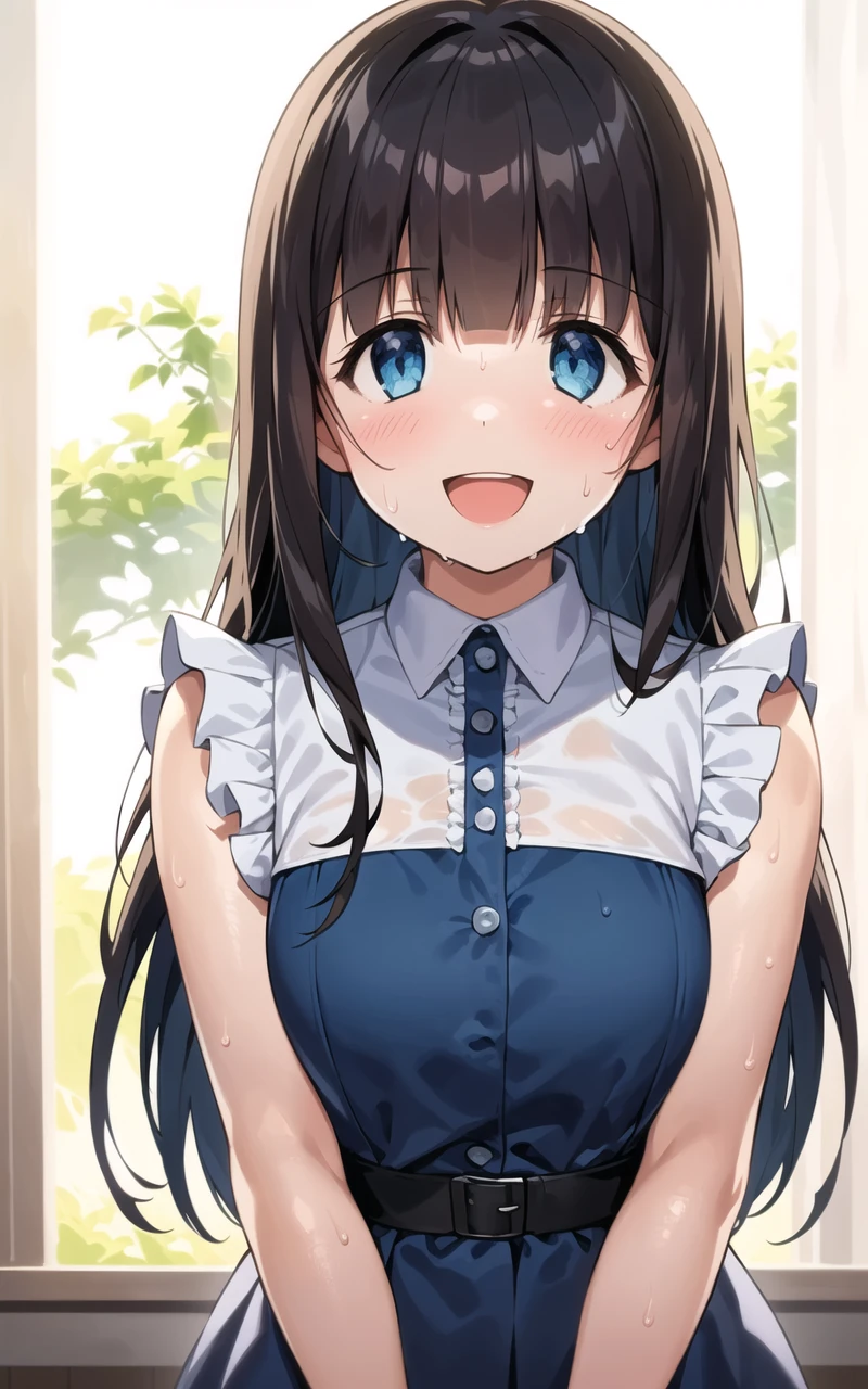 (masterpiece:1.2),best quality,illustration,beautiful detailed girl,
(1girl) (standing at attention),front view,arms aside,
(sweat:1.2),(smile:1.1),open mouth,(tareme eyes:1.1),upper body,
(long hair:1.1),blunt bangs,dark blue frilled dress,
backlighting,<lora:test-noline:0.2><lora:taremeEyes_v10:1.5>