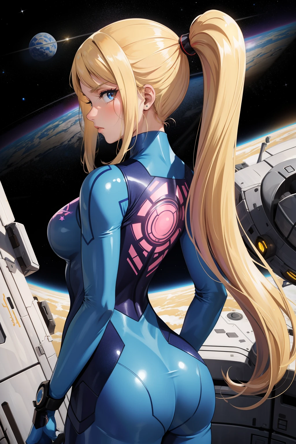 masterpiece, best quality, samus aran, ponytail, hair tie, blue bodysuit, upper body, looking at viewer, furrowed brow, arms at sides, from behind, looking at viewer, space station, space <lora:samus-nvwls-v1-000012:0.9>