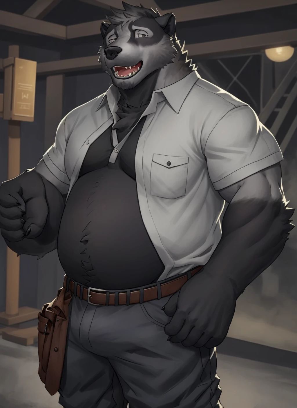 <lora:nikolai-08:1>, nikolai krol, black fur, gray fur, solo, belly, looking at viewer, open mouth, shirt, 1boy, male focus, belt, pants, fangs,