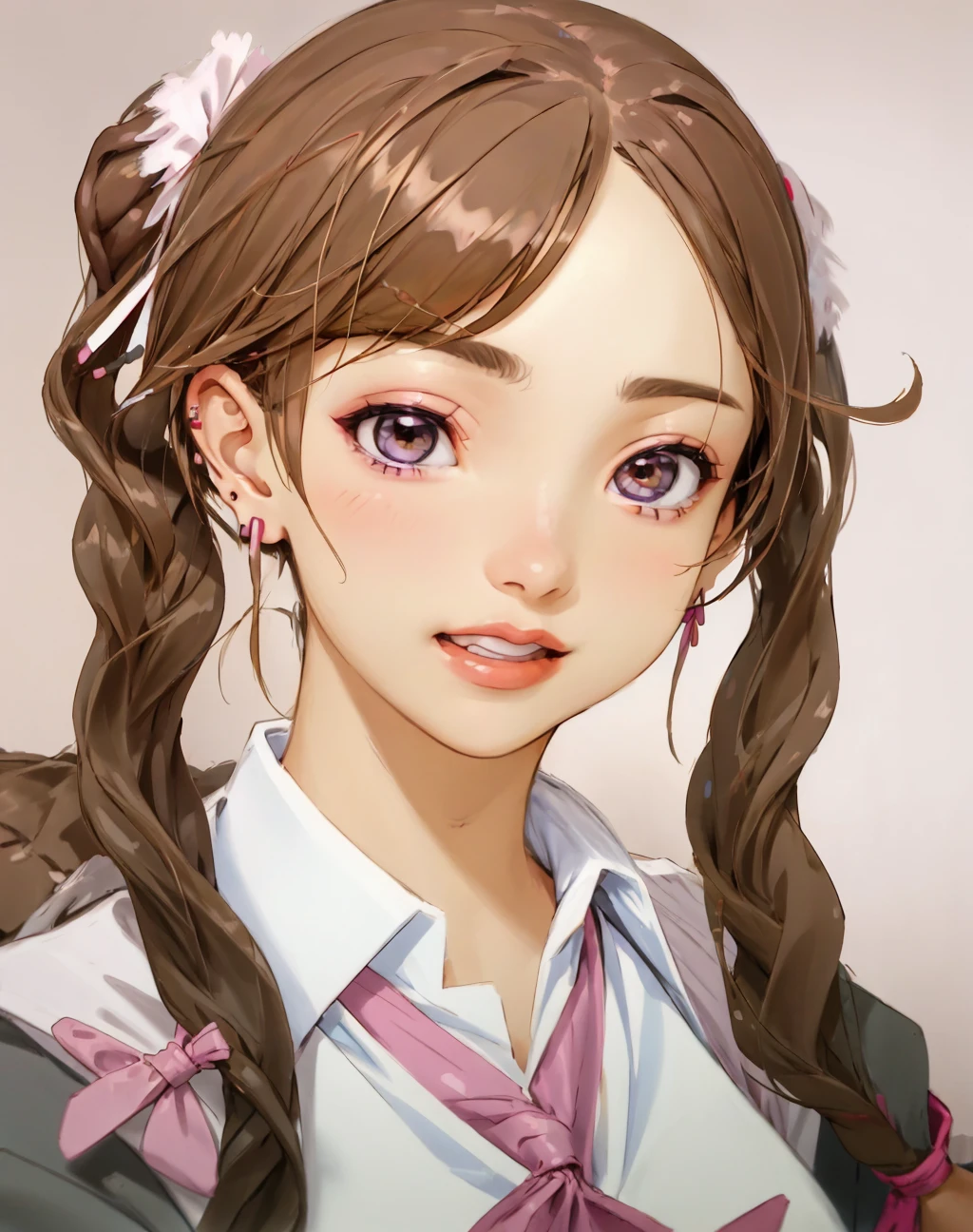 Masterpiece, absurdres, fine detail, HDR,beautiful smile, highly detailed facial features,
1girl, solo, looking at viewer, smile, bangs, brown hair, ribbon, twintails, jewelry, hair ribbon, braid, earrings, teeth, blurry, twin braids, parody, portrait, realistic, edgHitMeBaby, edgHitMeBaby_woman,with a edgHitMeBaby_hairstyle, wearing edgHitMeBaby_outfit
 <lora:edgHitMeBaby1:1>