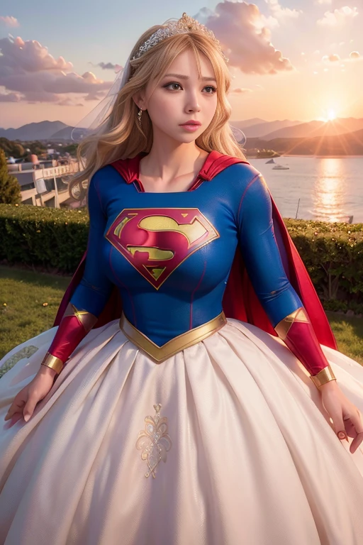 <lora:betterCuteAsian03:0.3>, (supergirl wedding dress,wearing wedding princess dress, wearing supergirl_cosplay_outfit:1.3), sunset, 
good hand,4k, high-res, masterpiece, best quality, head:1.3,((Hasselblad photography)), finely detailed skin, sharp focus, (cinematic lighting), night, soft lighting, dynamic angle, [:(detailed face:1.2):0.2], medium breasts, outside, <lyco:supergirl_wedding-10:0.4>