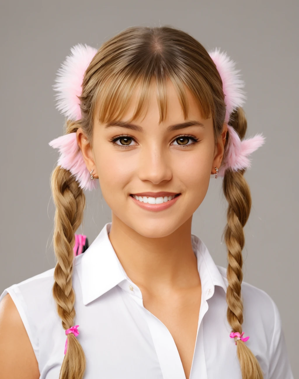 There is a young GIRL 12 YEARS OLD, with a pink bow on her head, twintails hairstyle, pigtails hairstyle, two pigtails hairstyle, blonde hair with pigtails, curly bangs and ponytail, Lalisa Manobal, pigtail, wearing pink hair bow, pigtails hair, pigtails, hair in pigtails, kawaii playful pose of a dancer, 'white background'!!!