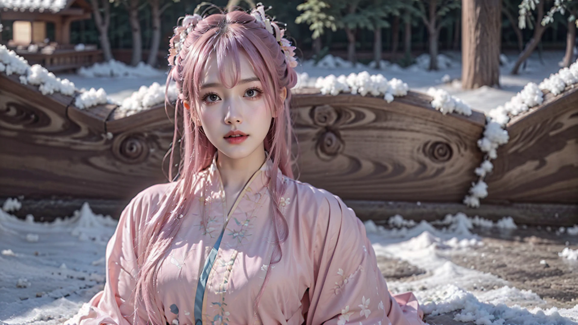 face lighting,bright backlight,medium breasts,super high resolution,best quality,Photos,4k,(Realistic:1.2),1girl,Pink hair,(Snow:1.2),hanfu,sky blue clothes,Half-body phase,<lora:girl_20230530180912:0.8>,<lora:hanfu40-beta-3:0.5>,