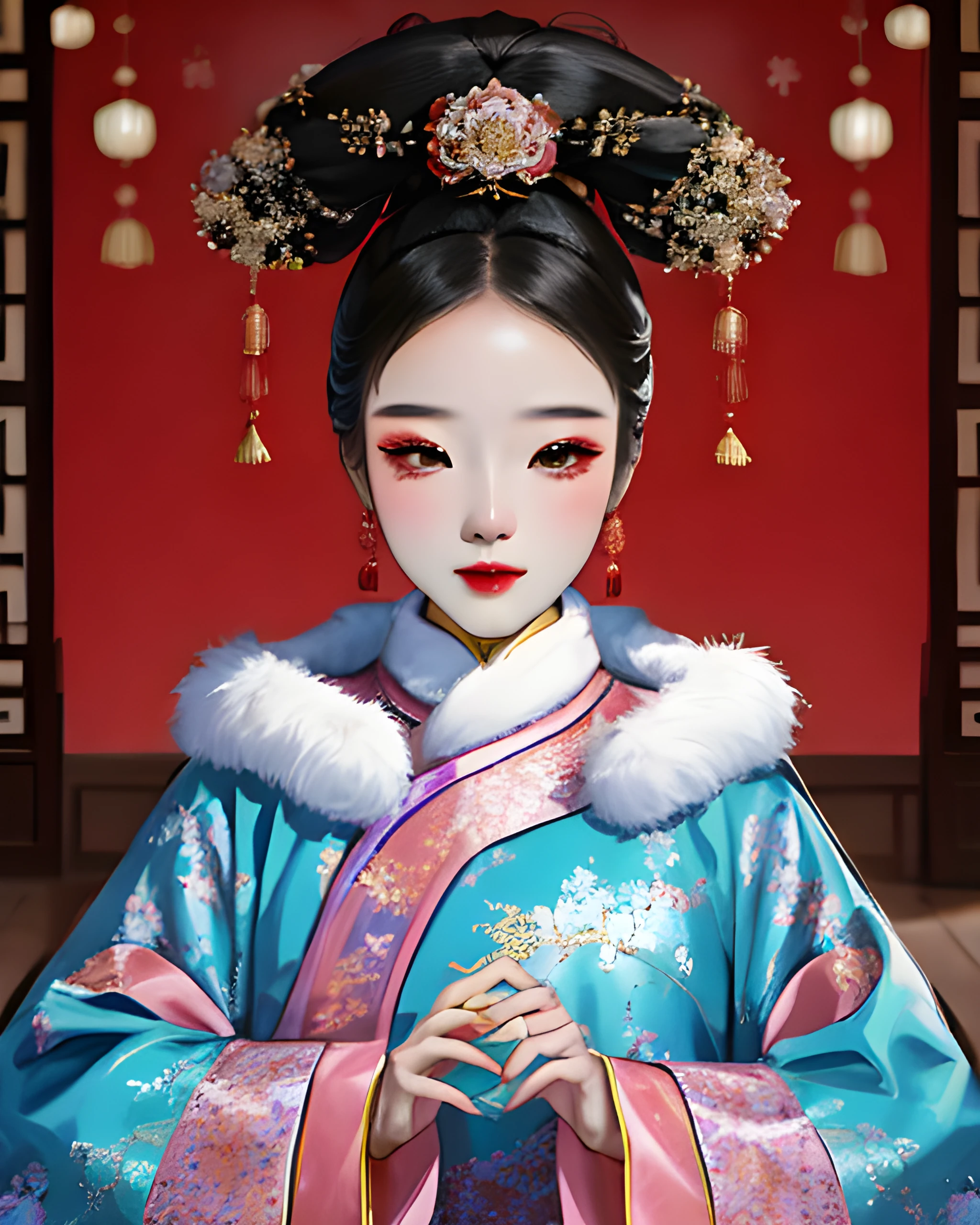 sparkling winter starberry, woman wearing qingfashion, portrait, traditional chinese room, peach blossoms, masterpiece, 8k, highest quality, trending on artstation