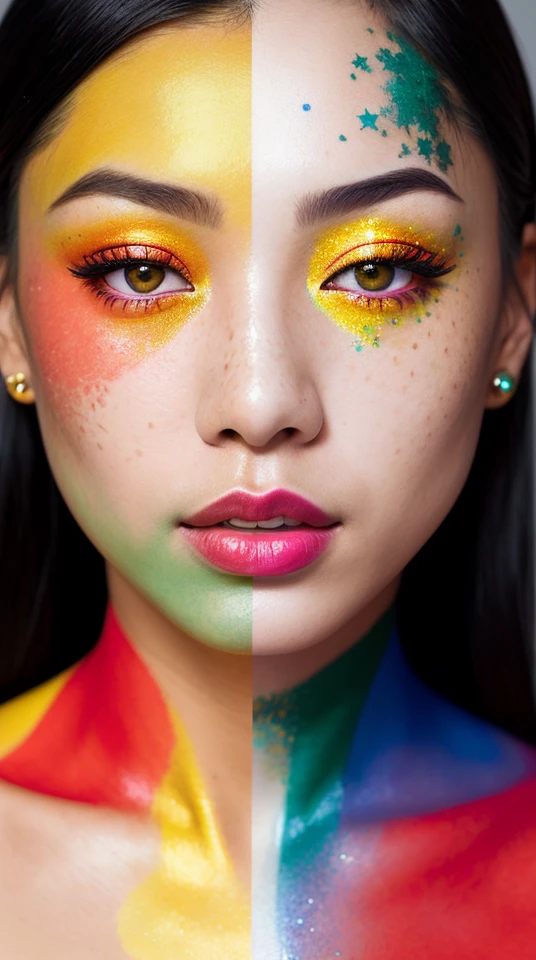 beautiful asian lady, freckles, brilliant glitter makeup, (red and blue and yellow and green and vitiligo skin: 1.5), perfect sexy breasts, hyperdetailed photography, soft light, head and breast portrait, cover,, best quality, (detailed beautiful face, detail skin texture, ultra-detailed body:1.1)