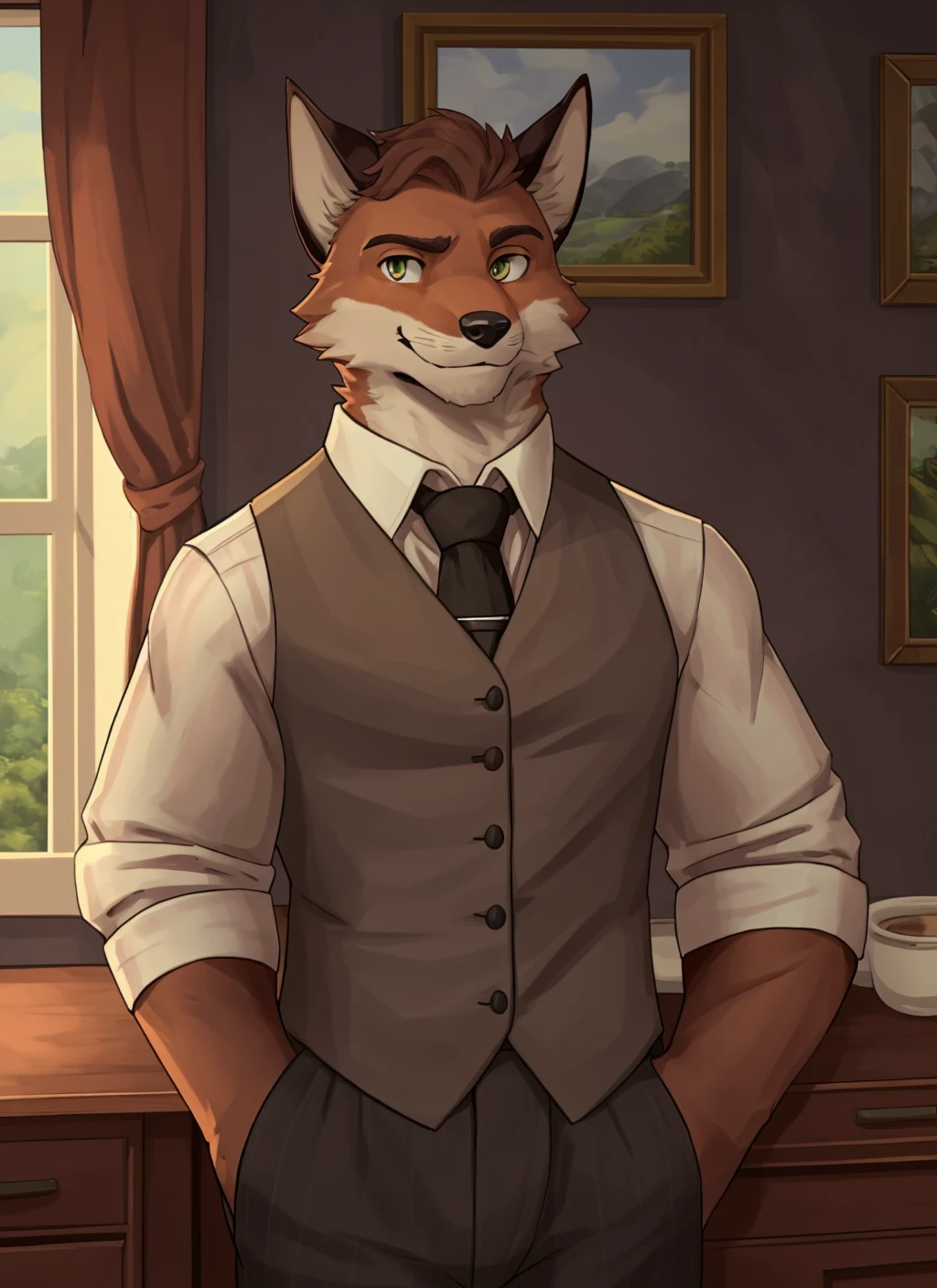 <lora:murdoch-09:0.9>, murdoch, solo, clothed, sleeves rolled up, brown fur, looking at viewer, camera