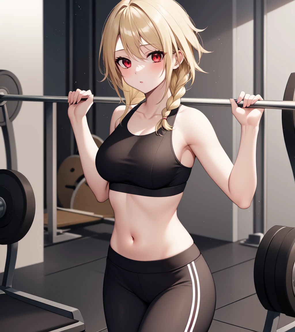 masterpiece, best quality, 1girl, solo, 1girl, (lambda11), blonde hair, red eyes, single braid, braid, medium breasts, yoga pants, sports bra, midriff, gym, exercise,